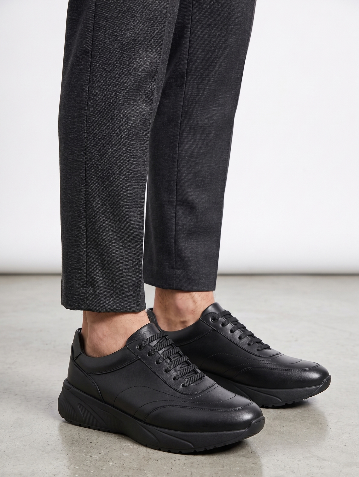 Black Smooth Leather Chunky Sole Sneakers
