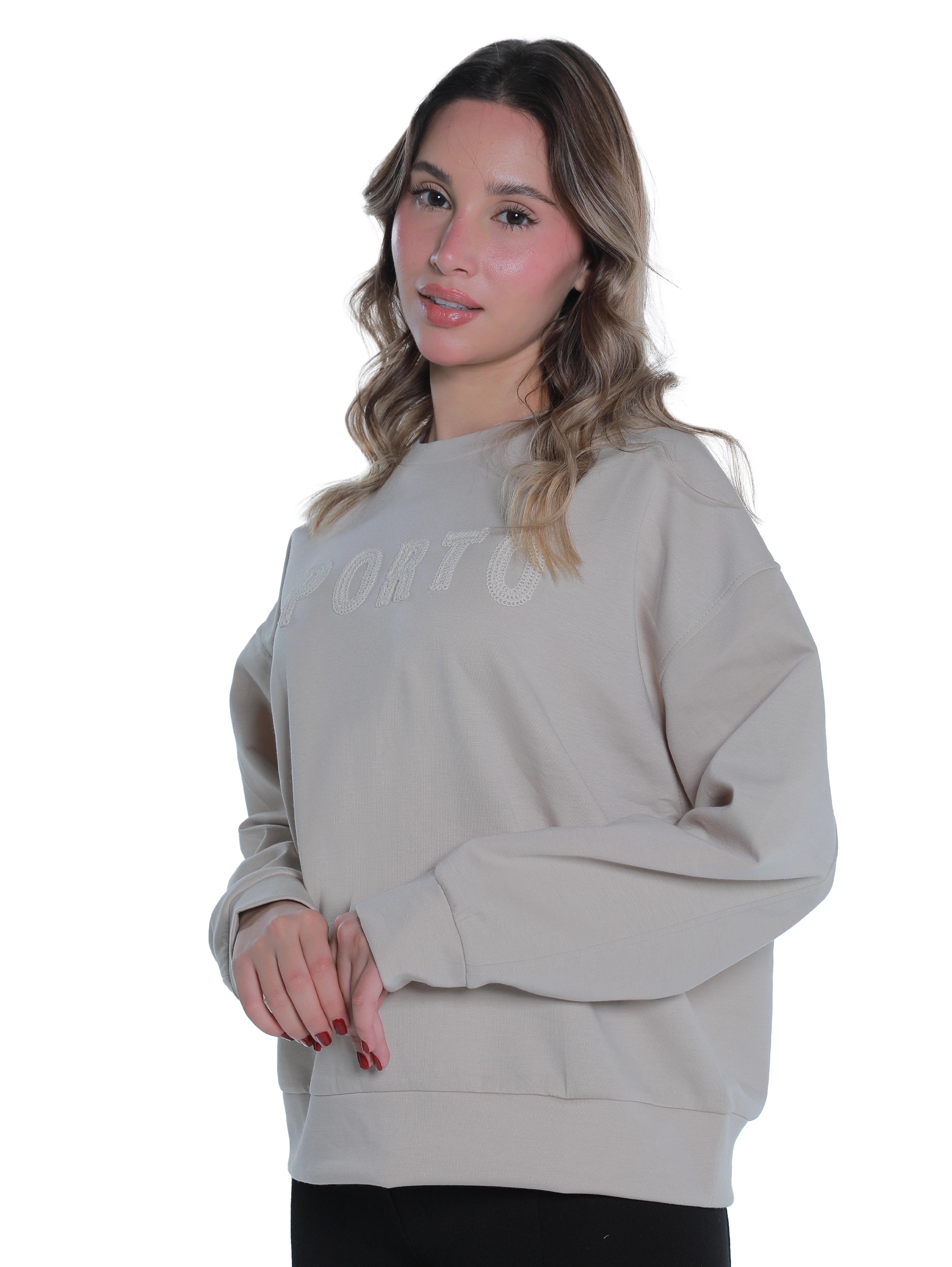 Round Neck Beige Sweater With "Porto" Front Design