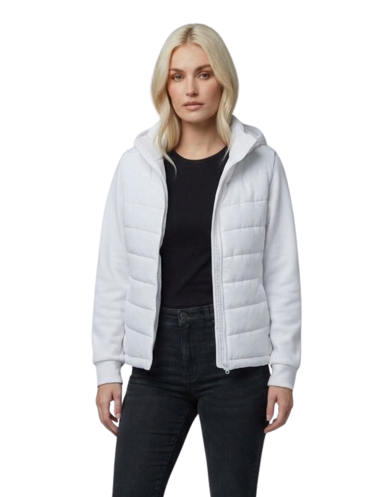 White Hooded Jacket with Quilted Puffer & Softshell Sleeved