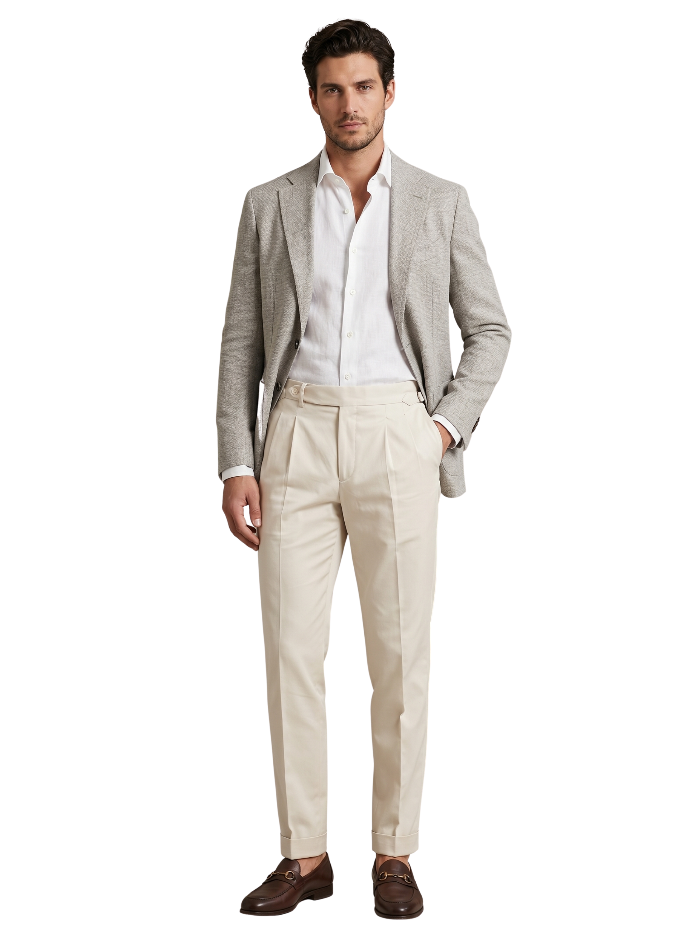 Classic Beige Double-Pleated Cuffed Pants