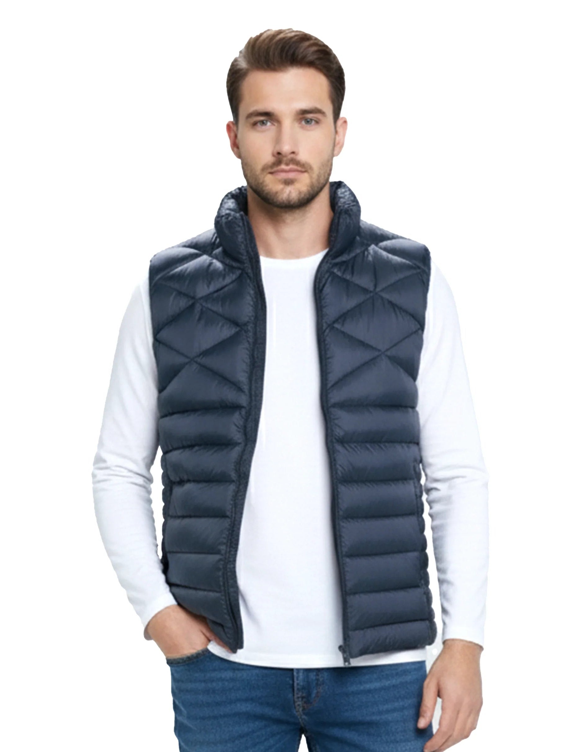 Navy Quilted Puffer Vest With Zipper To Close
