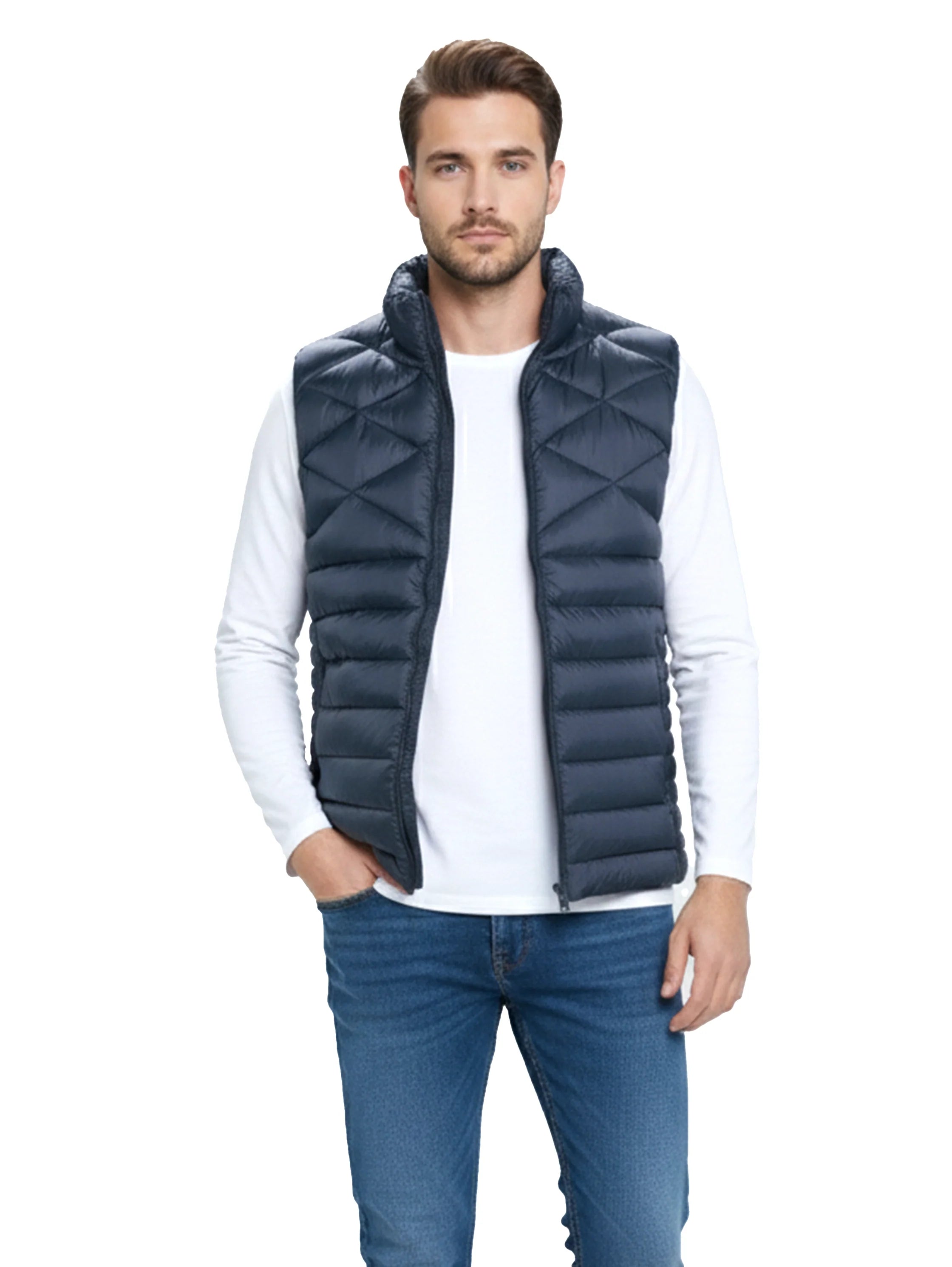 Navy Quilted Puffer Vest With Zipper To Close