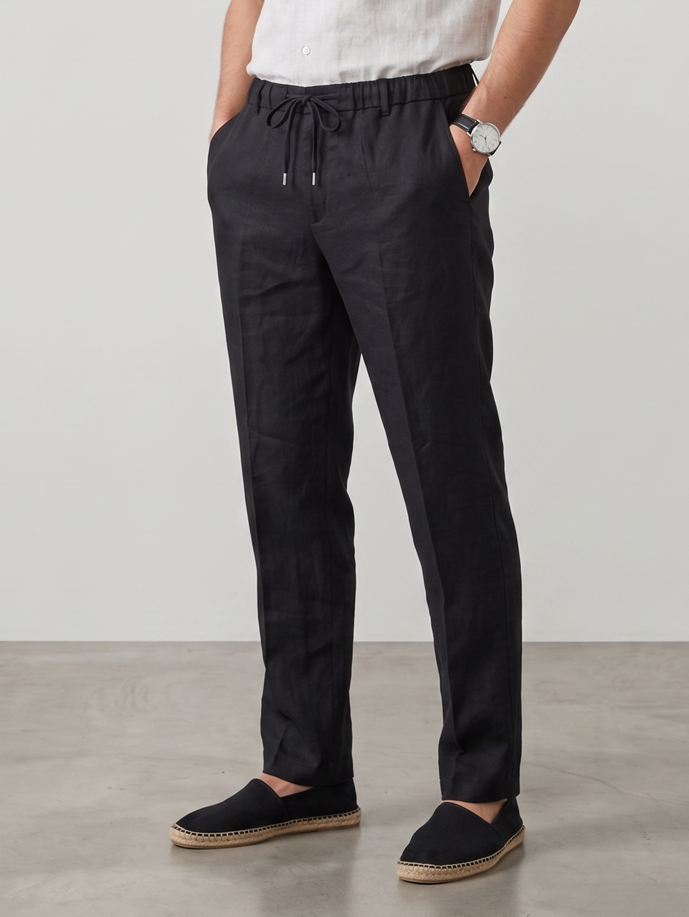 Black Linen Pant With Waisted Tie