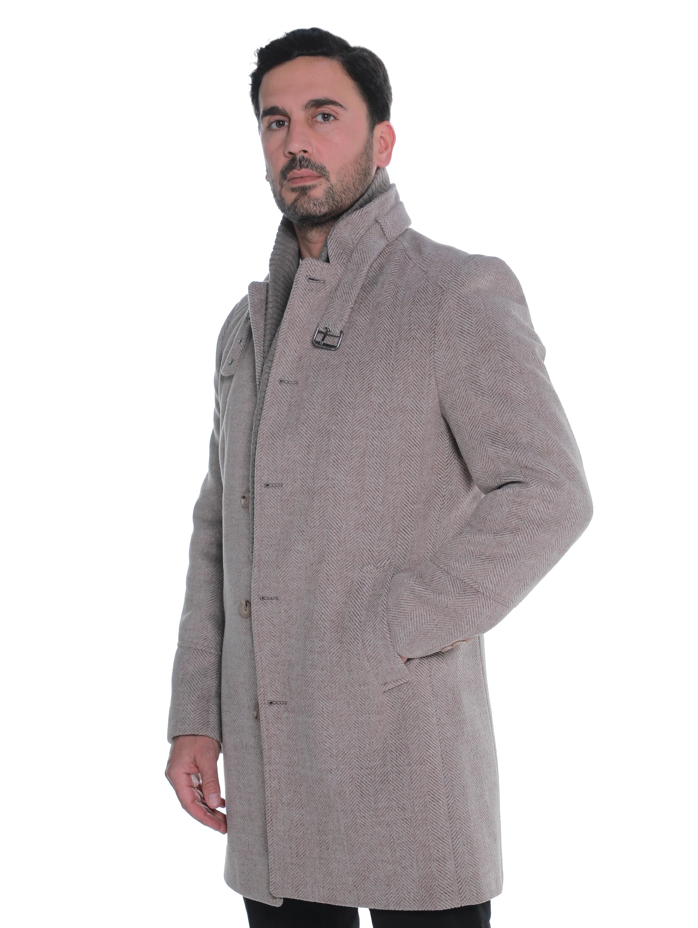 Dark Beige Buttoned Coat With Side Slanted Pockets