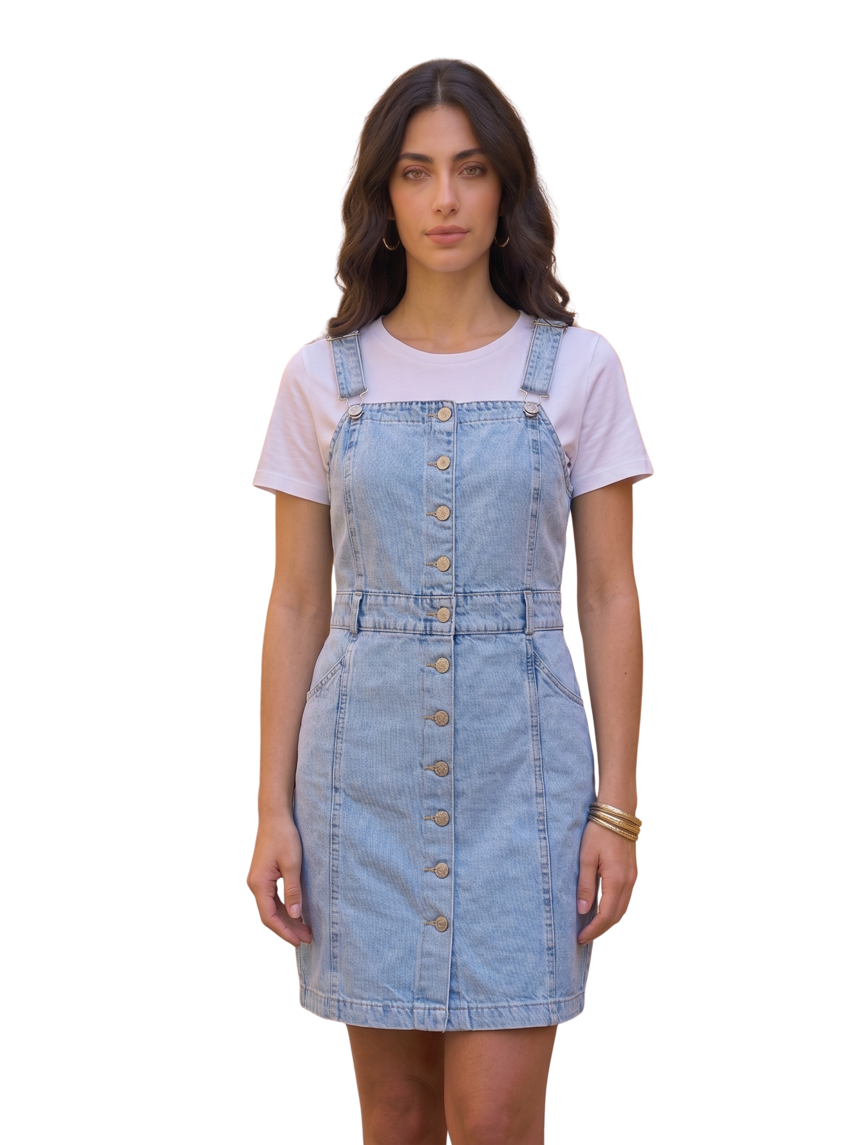 Blue Overall Mini Denim Dress With Full Length Button Loops