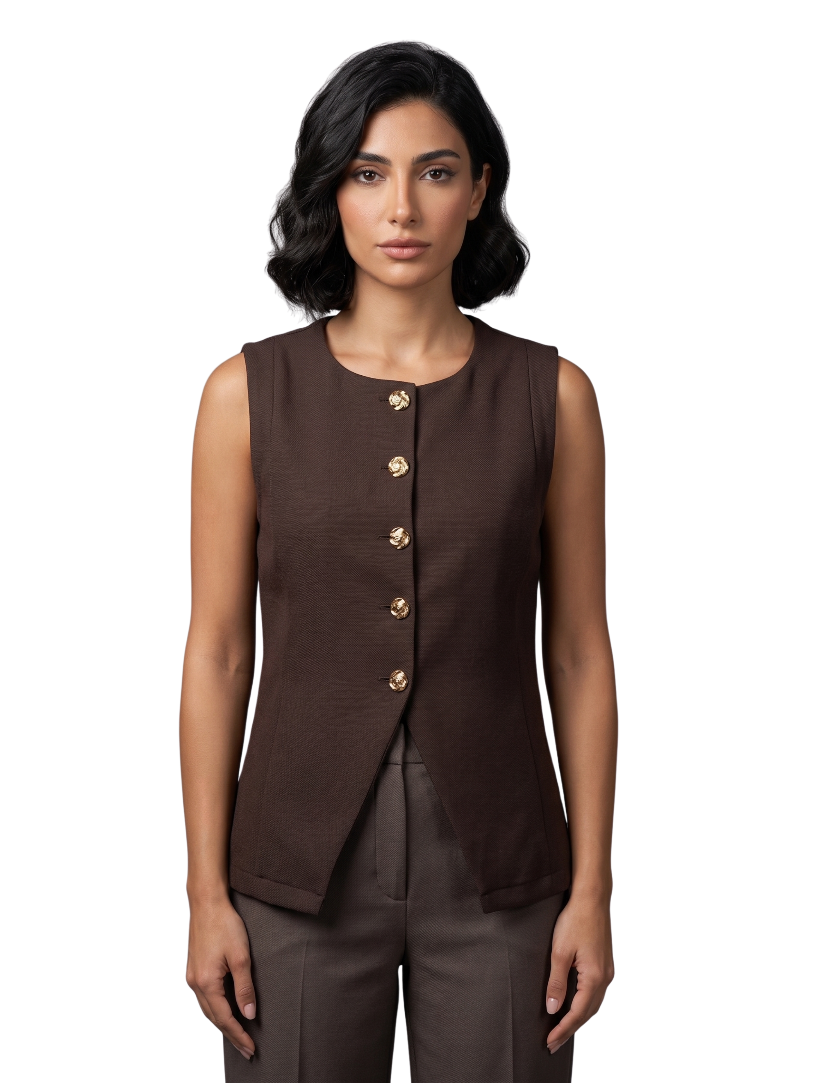 Brown Sleeveless Round Crew Neck With Five Decorative Buttons
