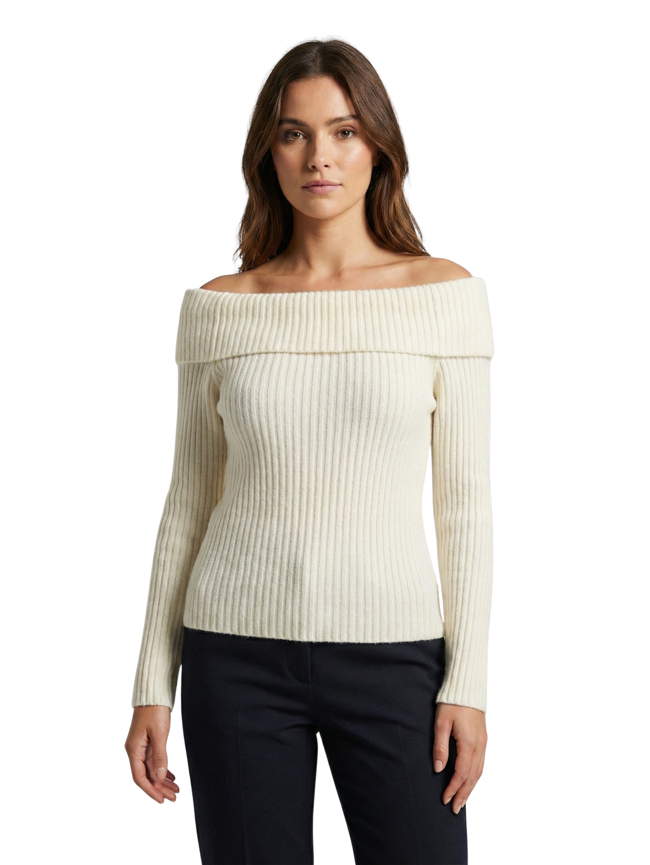 Off Shoulder Offwhite Knitwear Long Sleeve Pullover