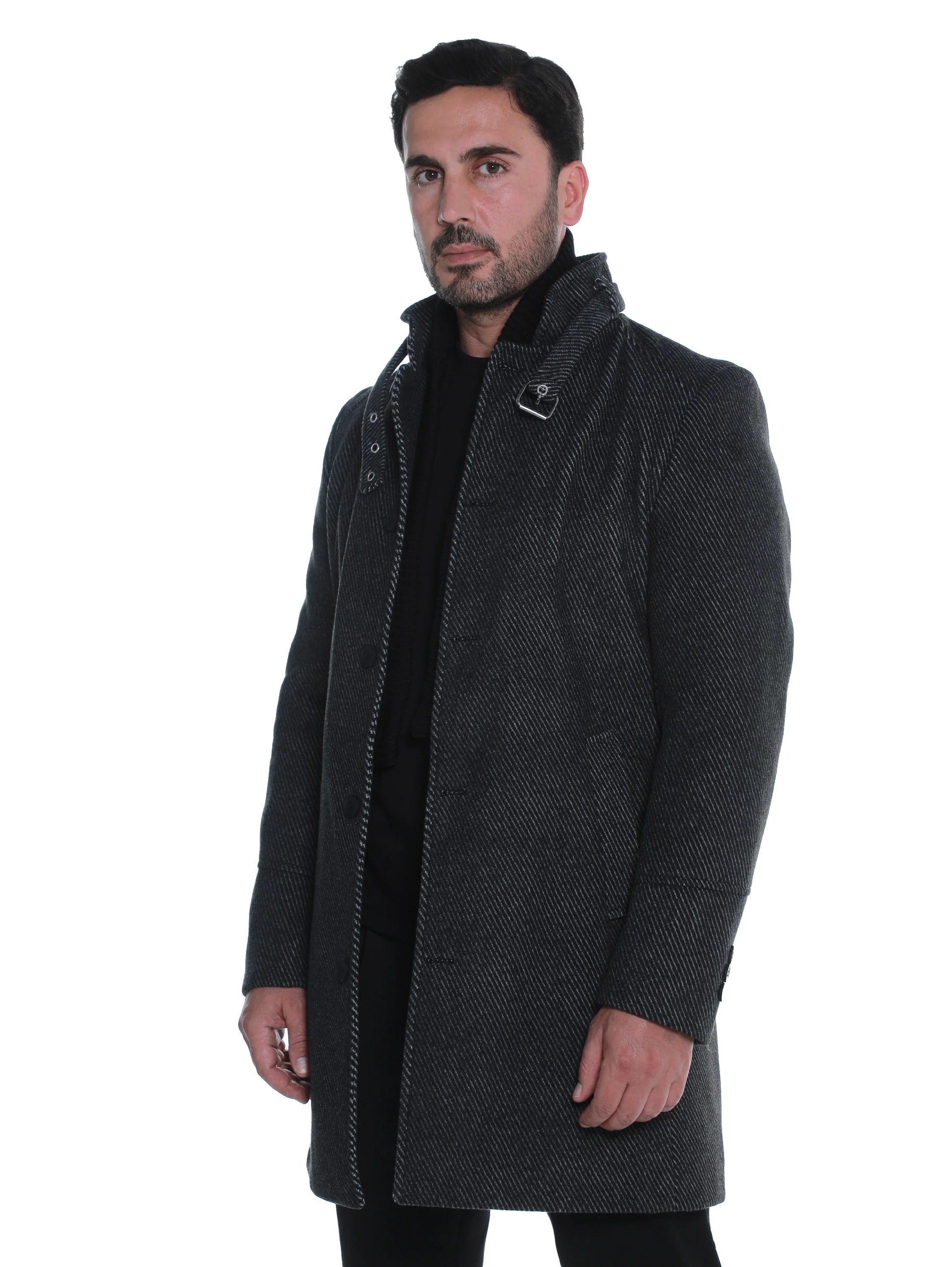 Black Buttoned Coat With Side Slanted Pockets