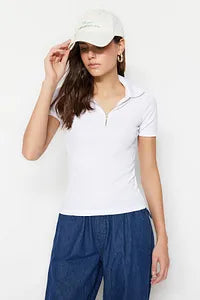 Trendyol White Zippered Stretchy Blouse
