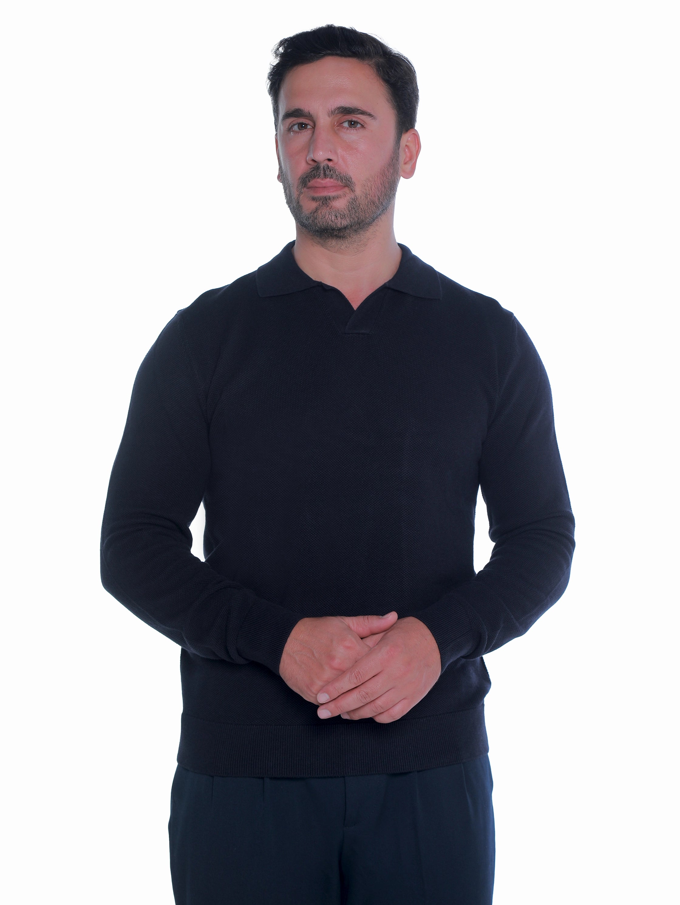 Simple Navy Pullover With Polo Collar