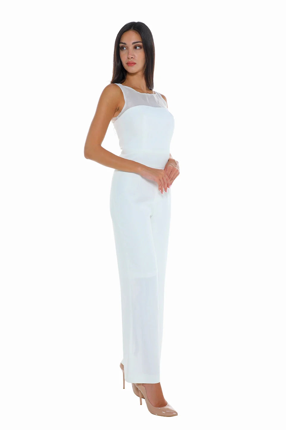 Sleek Offwhite Jumpsuit With Neckline Soft Chiffon