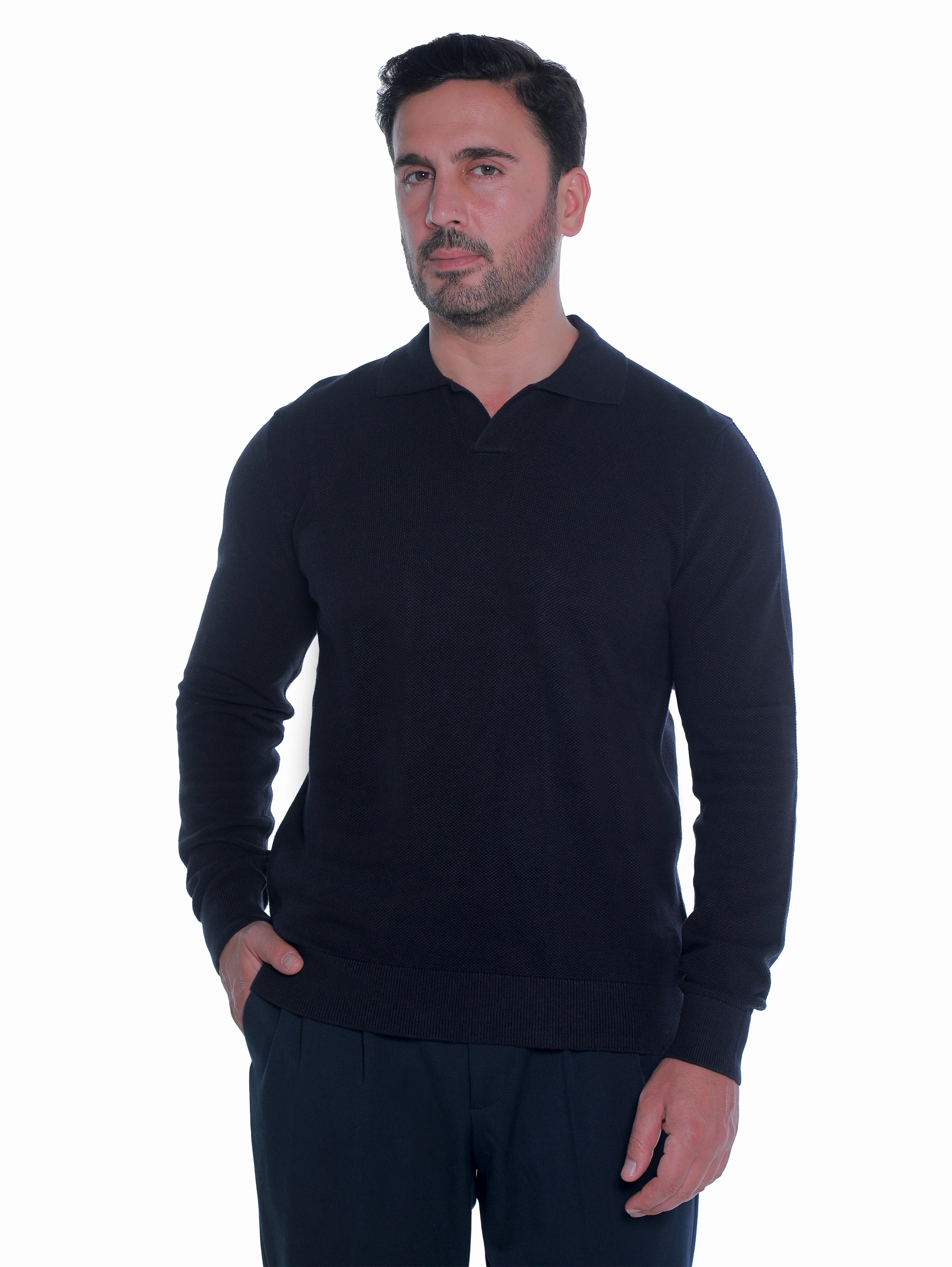 Simple Navy Pullover With Polo Collar