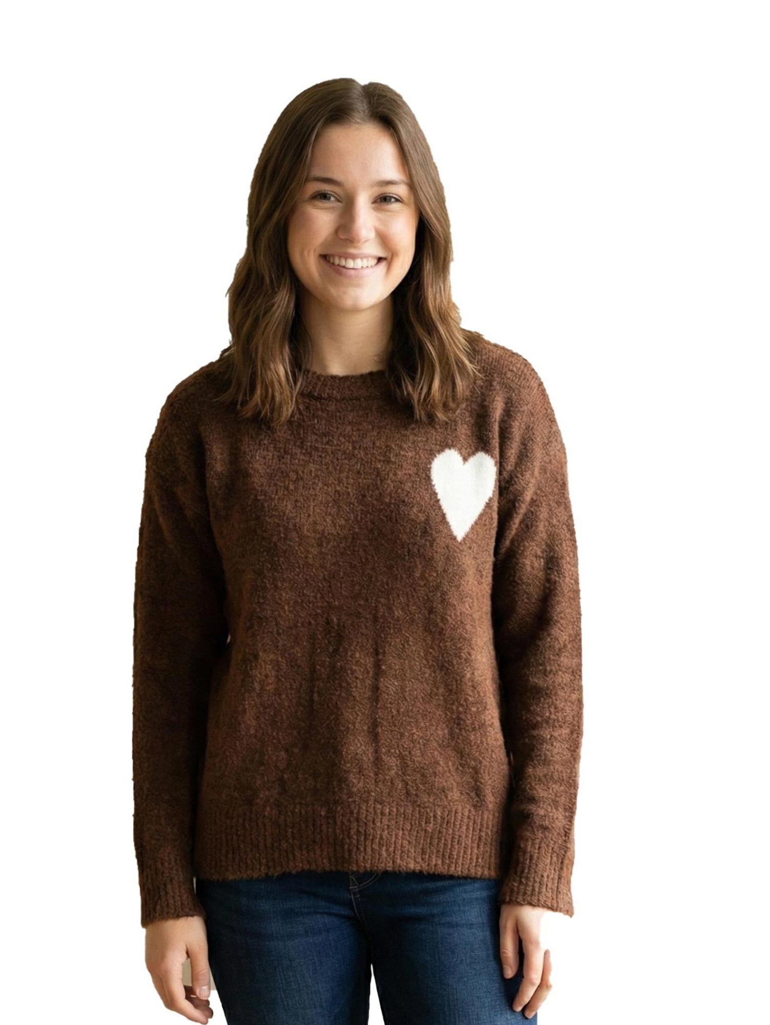 Brown Long Sleeved Knitwear Pullover With Heart Design