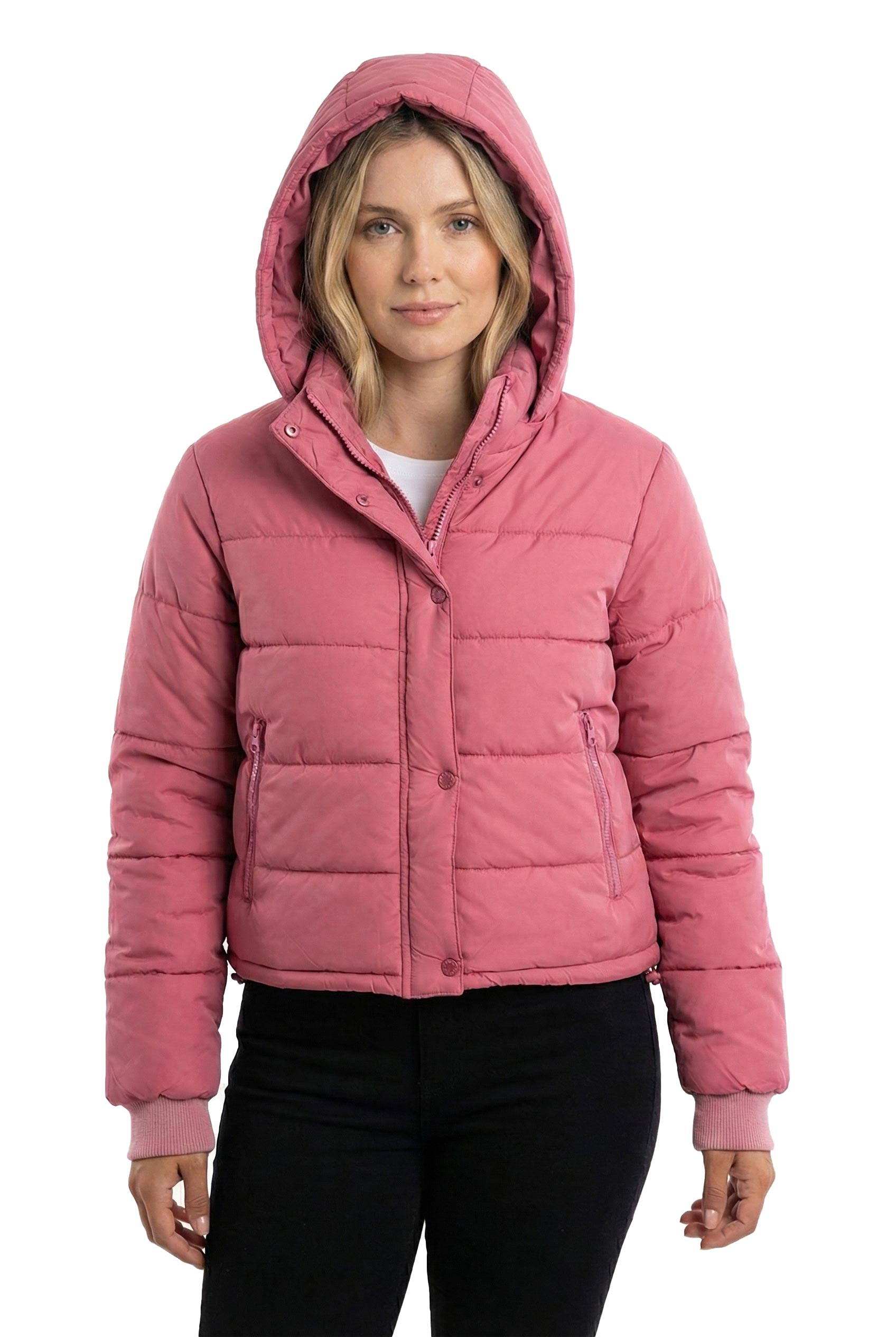 Pink Padded Puffer Jacket With Stand up Collar & Hoodie