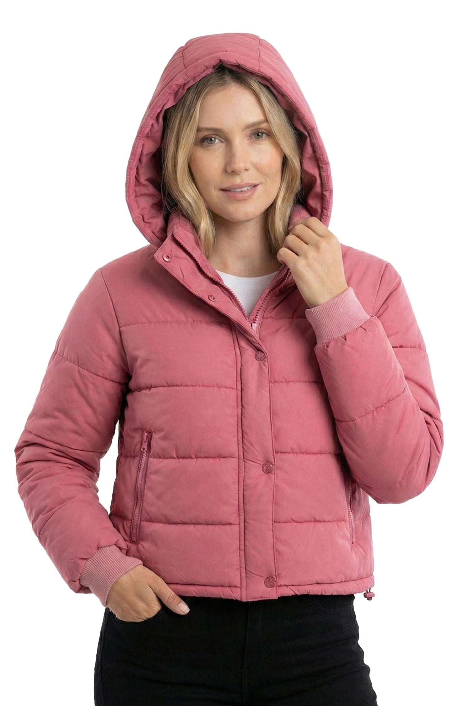 Pink Padded Puffer Jacket With Stand up Collar & Hoodie