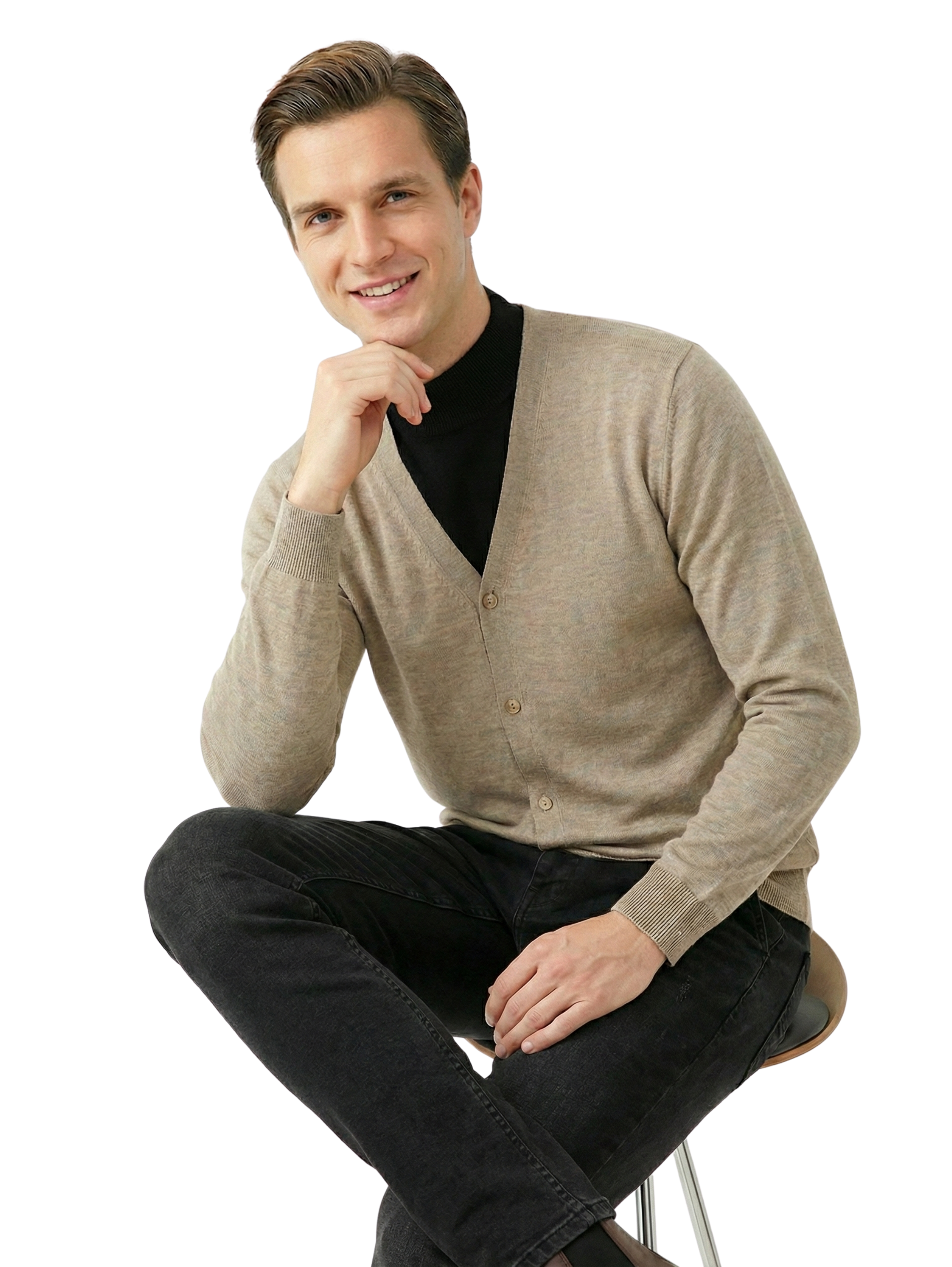 Damat Long Sleeve Beige Pullover With Button To Close