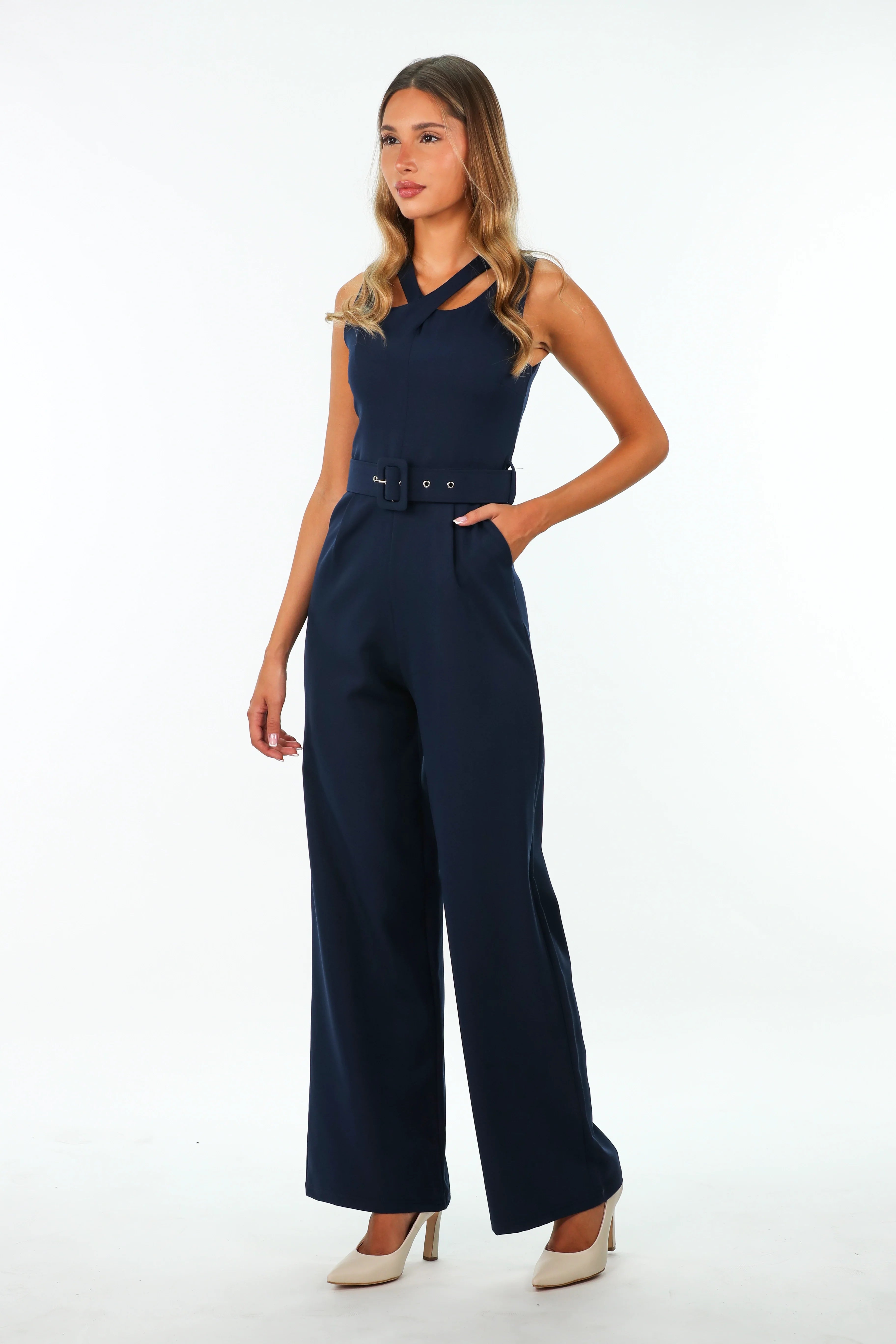 Navy Classy Belted Jumpsuit