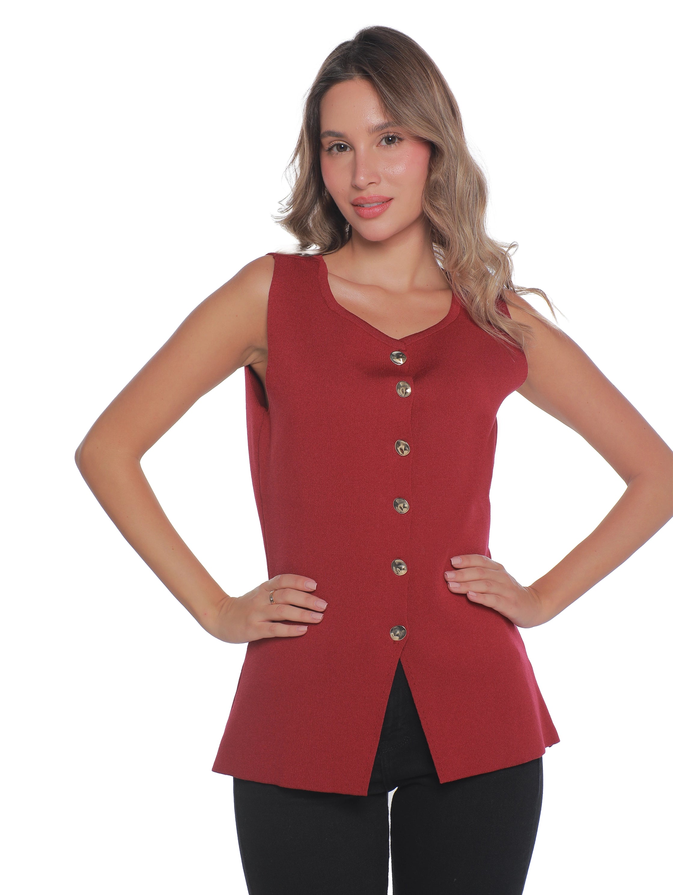 Classy Bordo Vest With Gold Button To Close