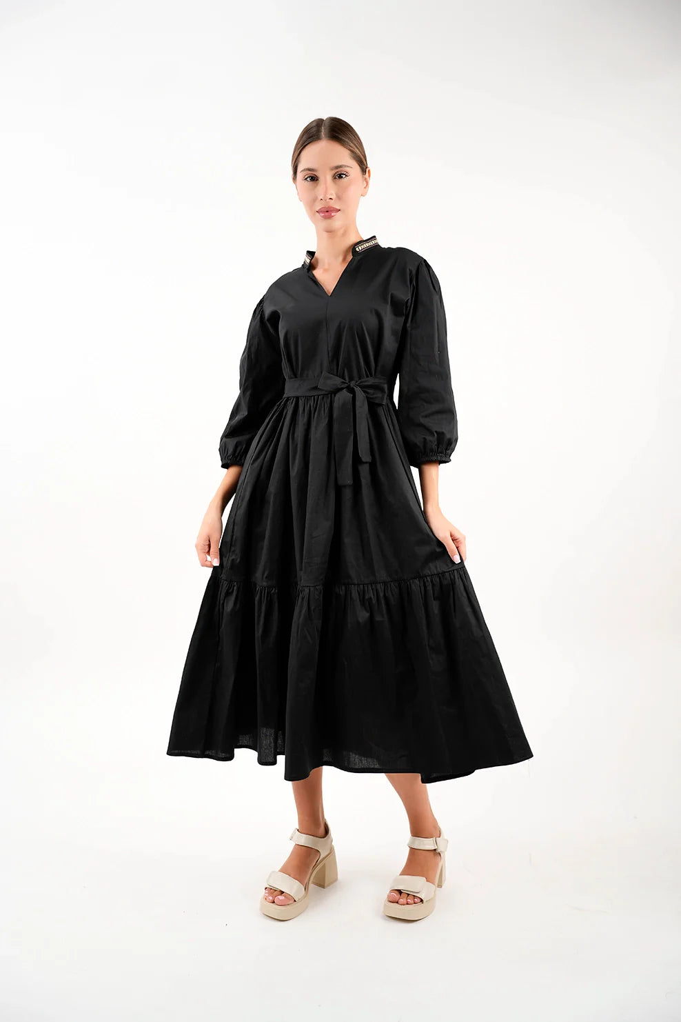 Long Sleeved Black Dress With Wing Collar