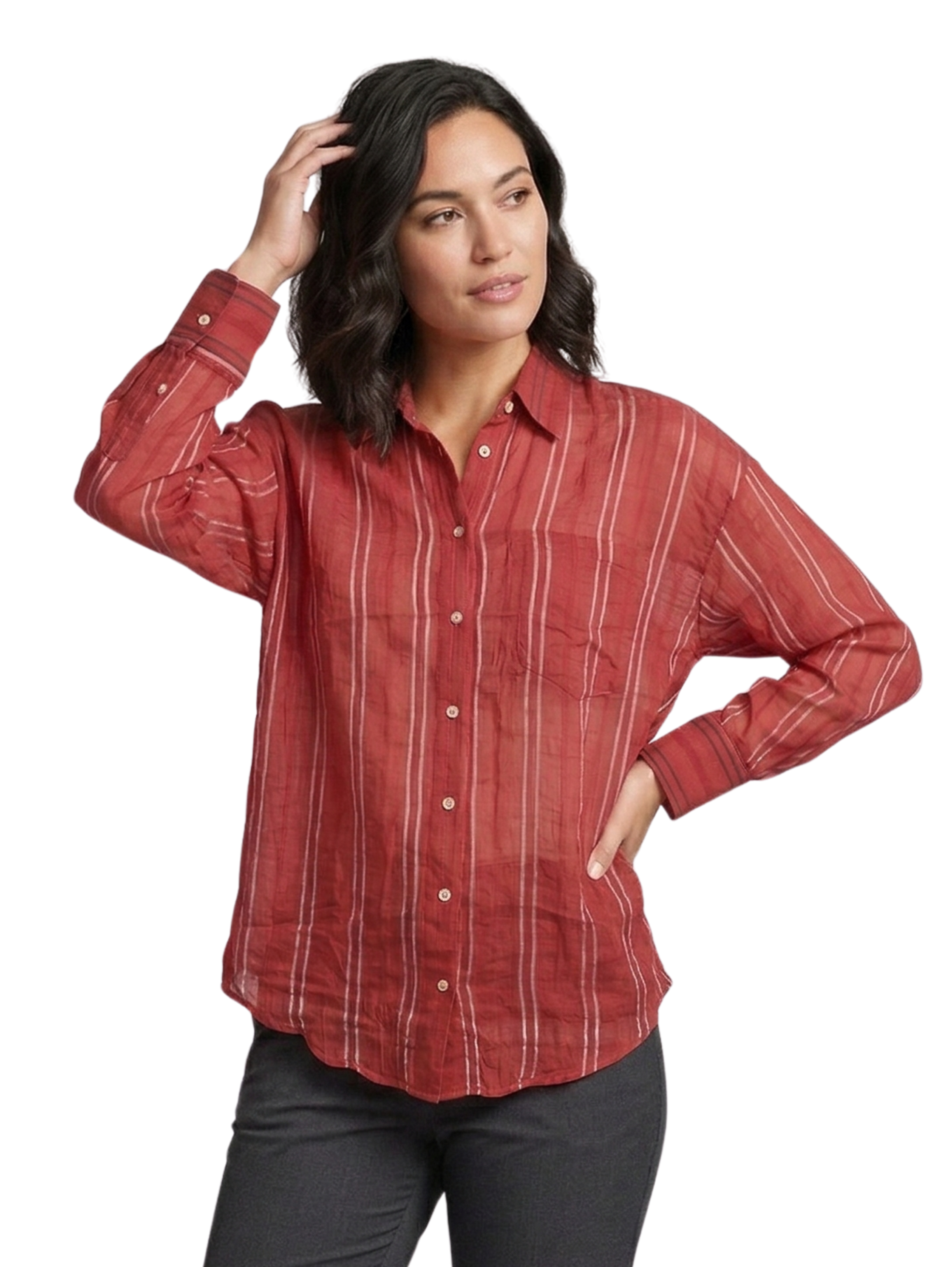 Long-Sleeved Bordo Shirt With Striped Design