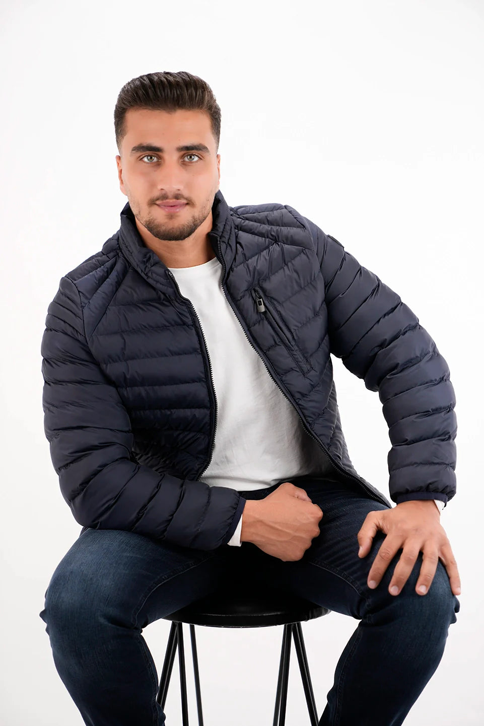 Navy Puffer Jacket With Zipper Design