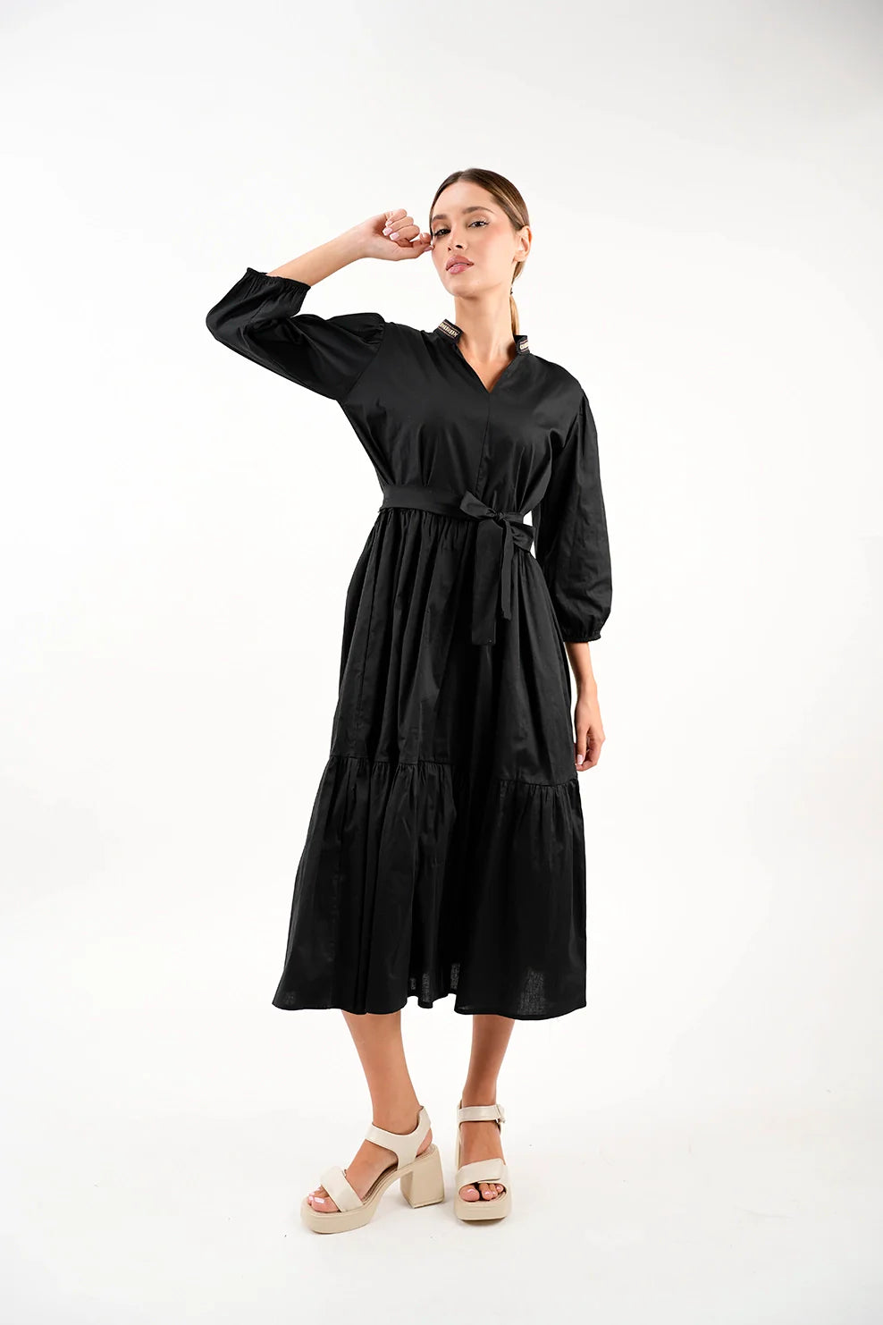 Long Sleeved Black Dress With Wing Collar