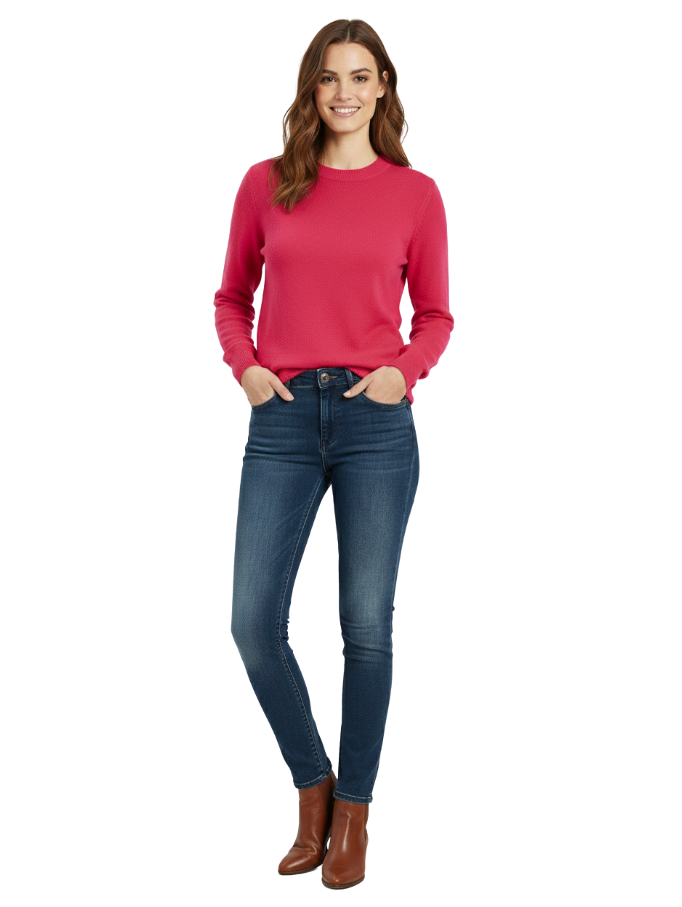 Fushia Round Neck Ribbed Long Sleeve Sweater