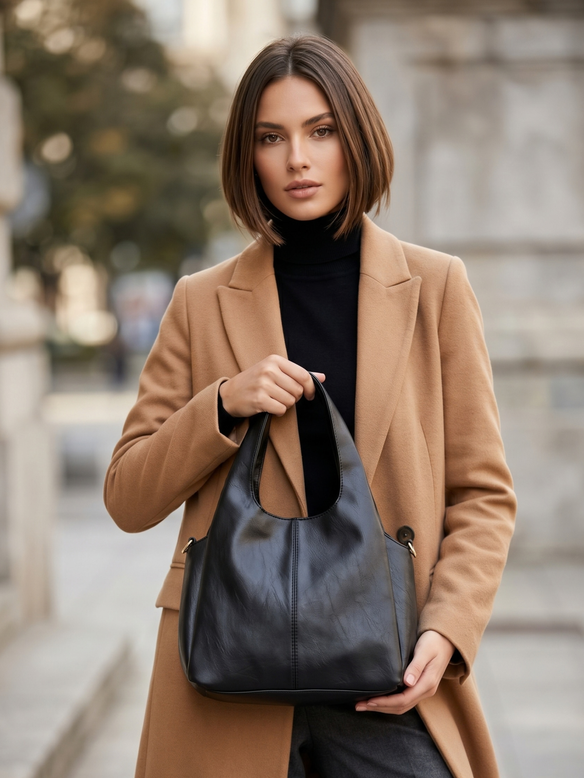 Black Leather Shoulder Bag With A Detachable Crossbody Strap
