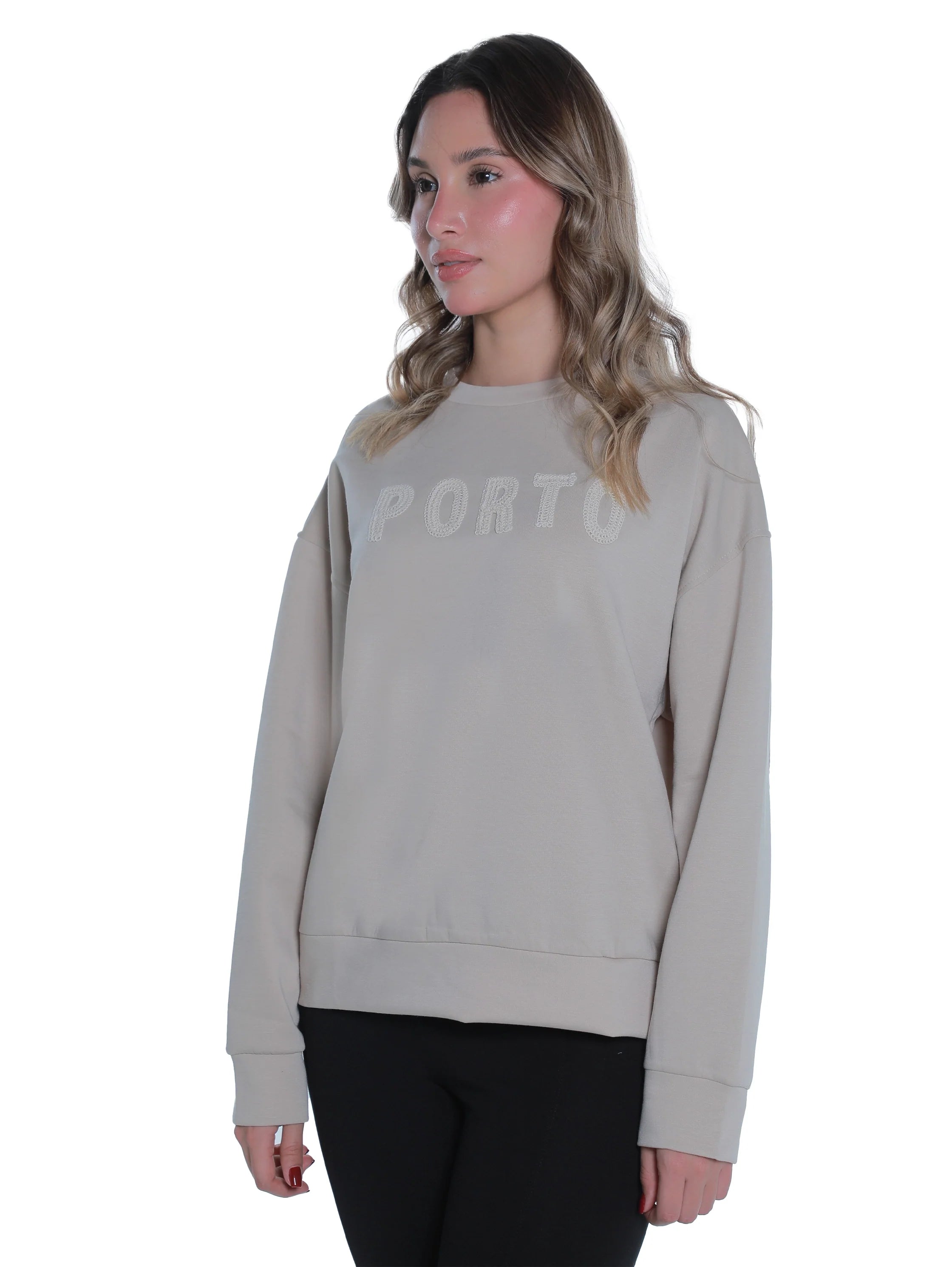 Round Neck Beige Sweater With "Porto" Front Design
