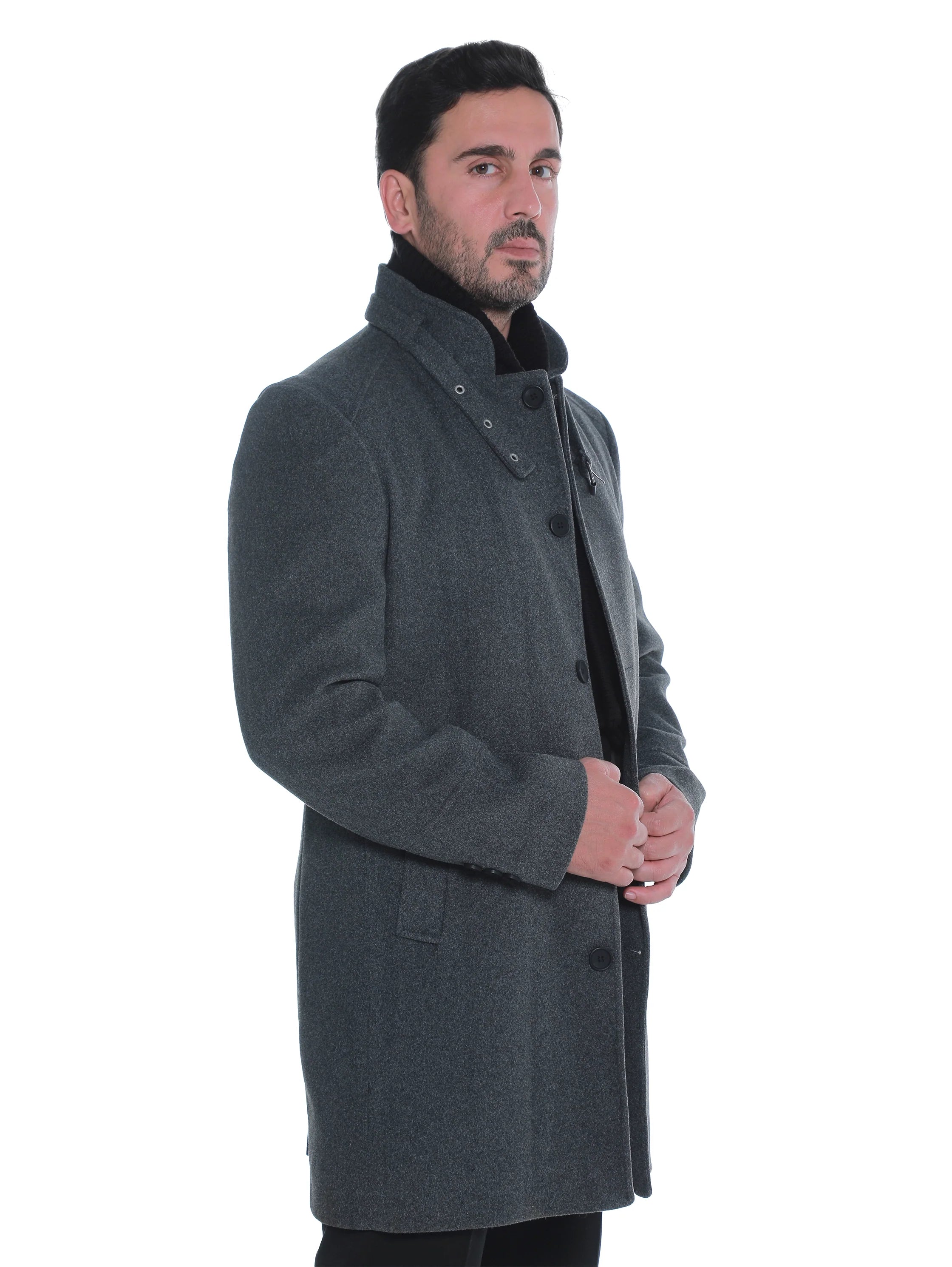 Dark Grey Buttoned Coat With Stand Up Collar