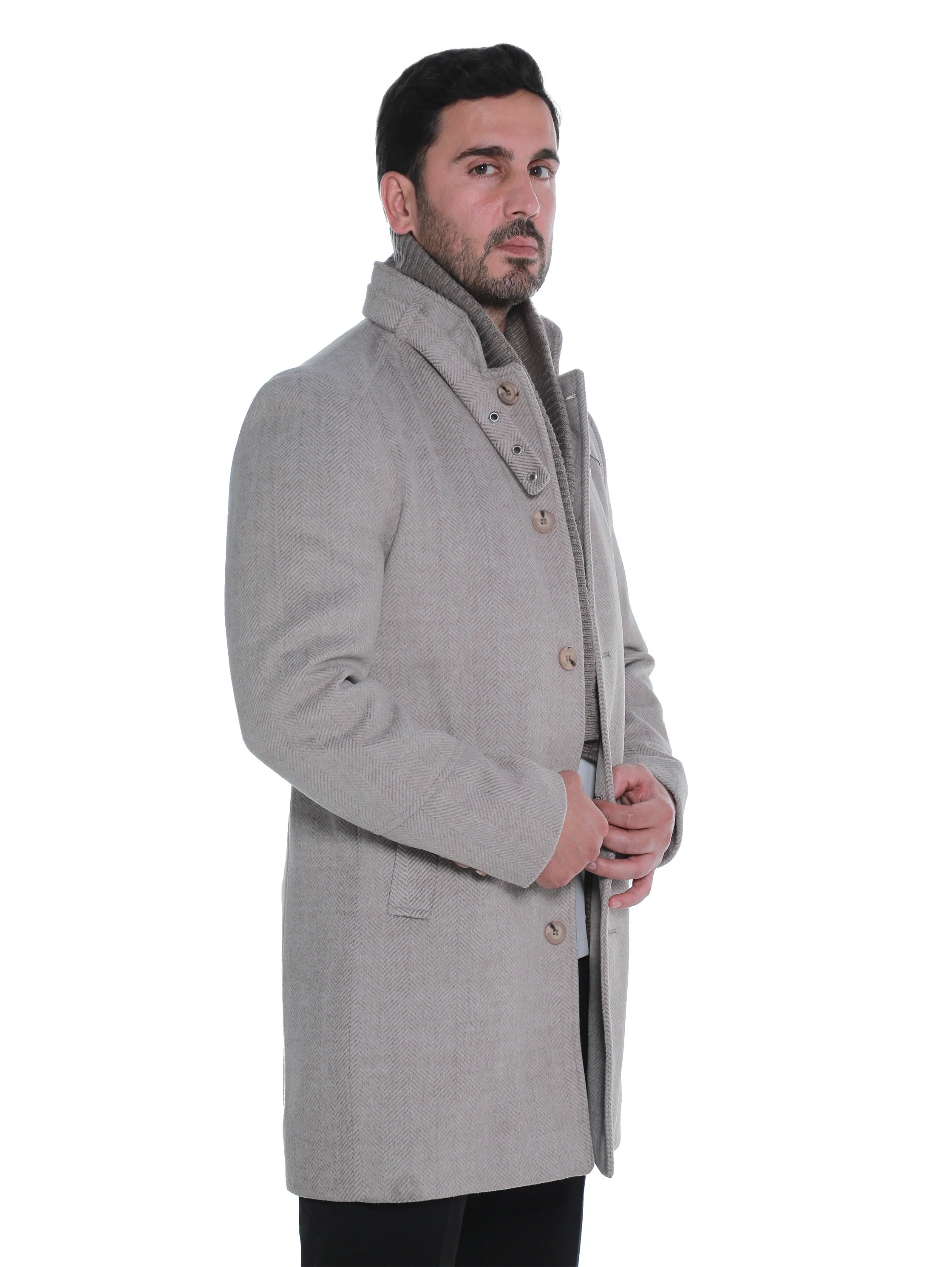 Beige Buttoned Coat With Side Slanted Pockets