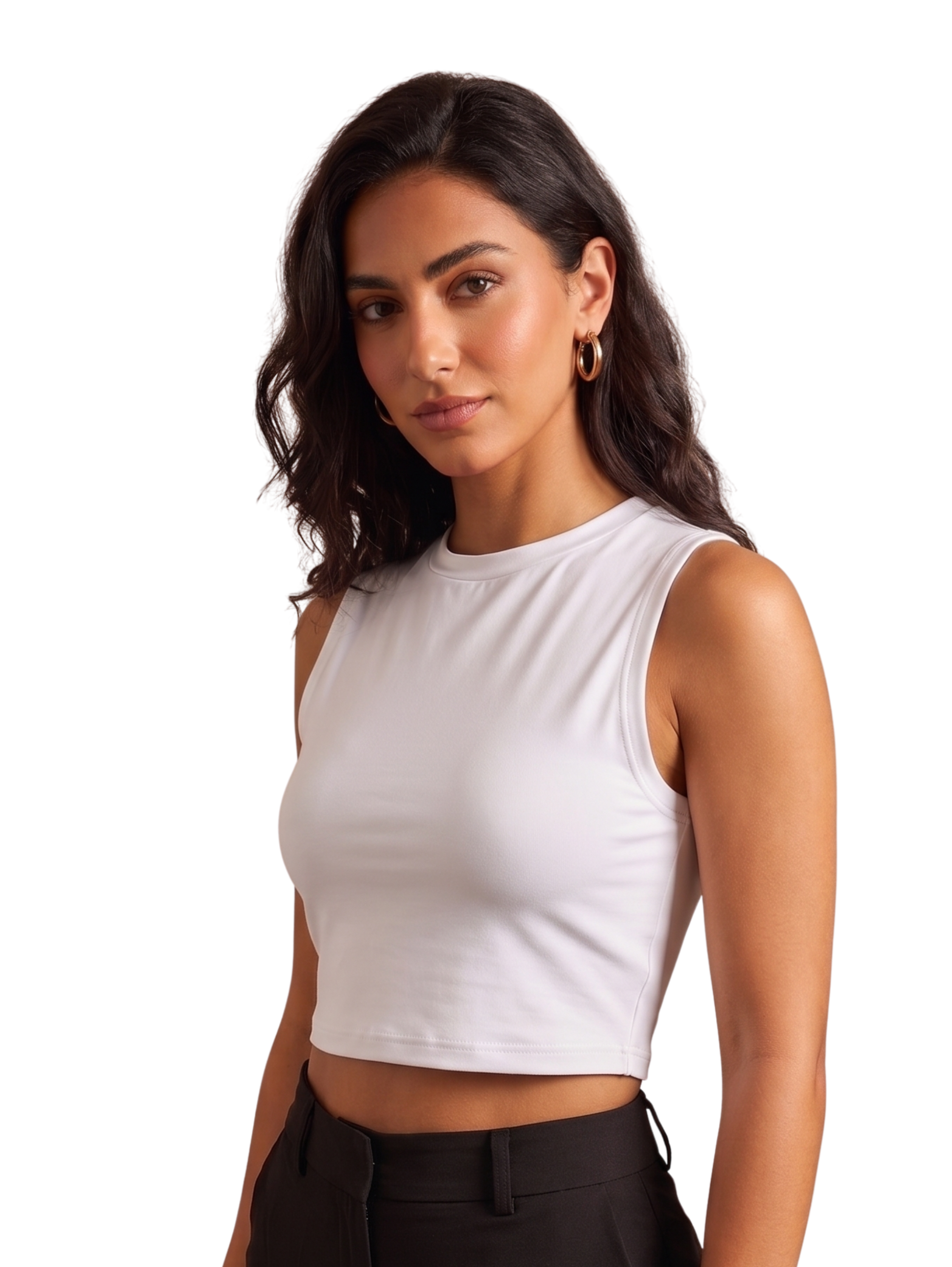 Off White Sleeveless Crop Top With Round Neckline