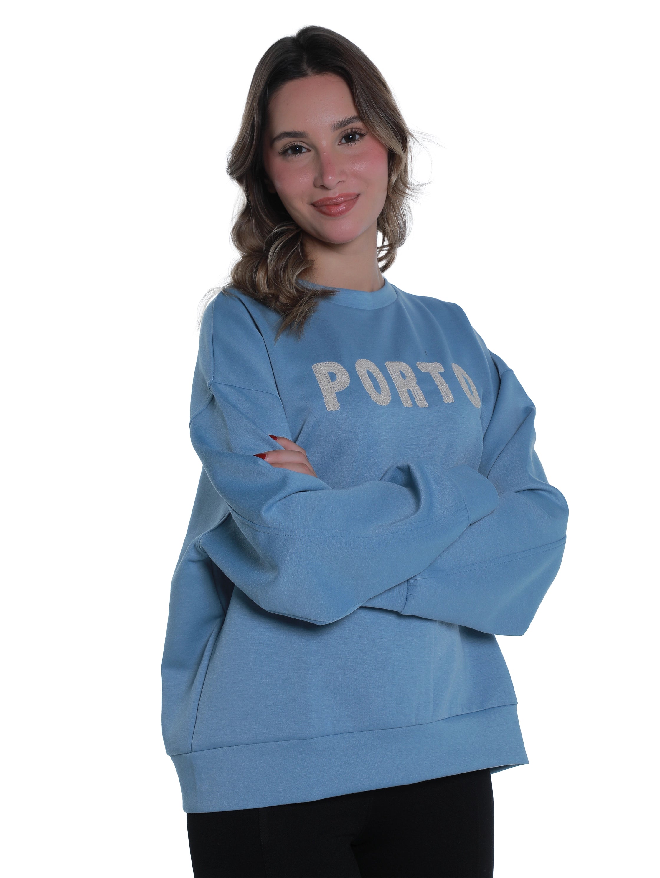 Round Neck Blue Sweater With "Porto" Front Design