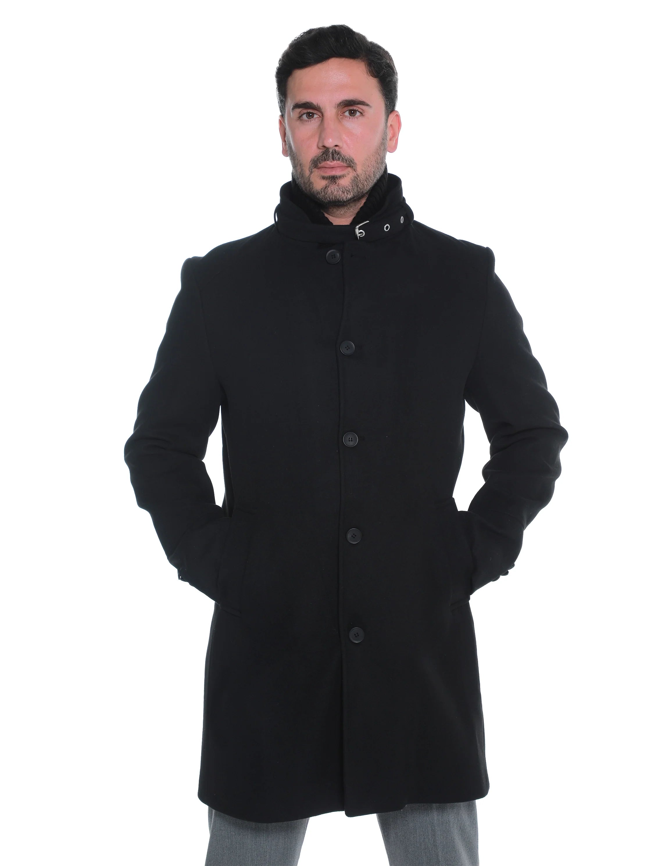Black Buttoned Coat With Stand Up Collar