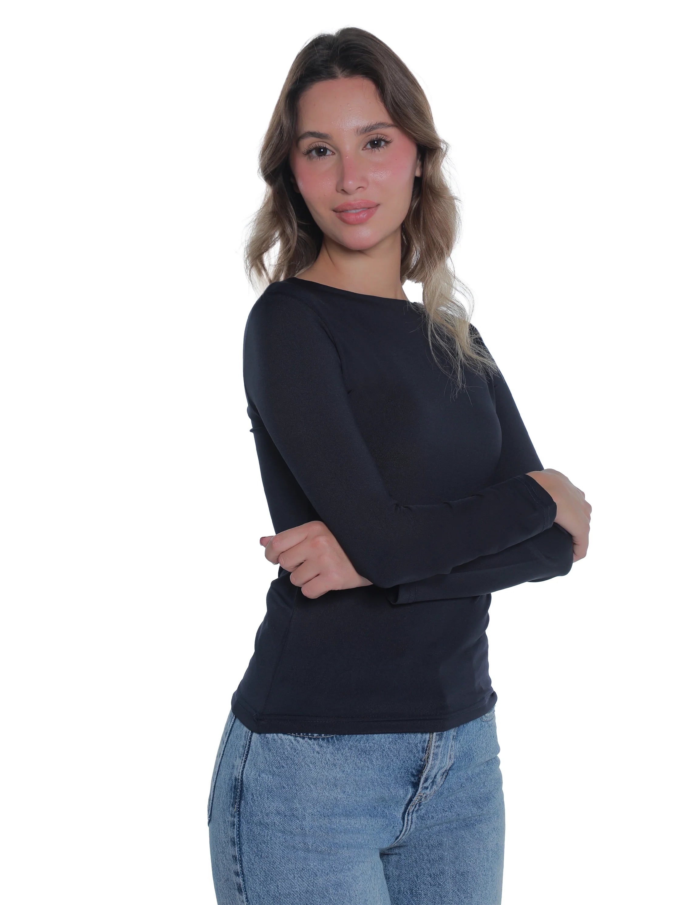 Long Sleeved Navy Basic Top Round Neck
