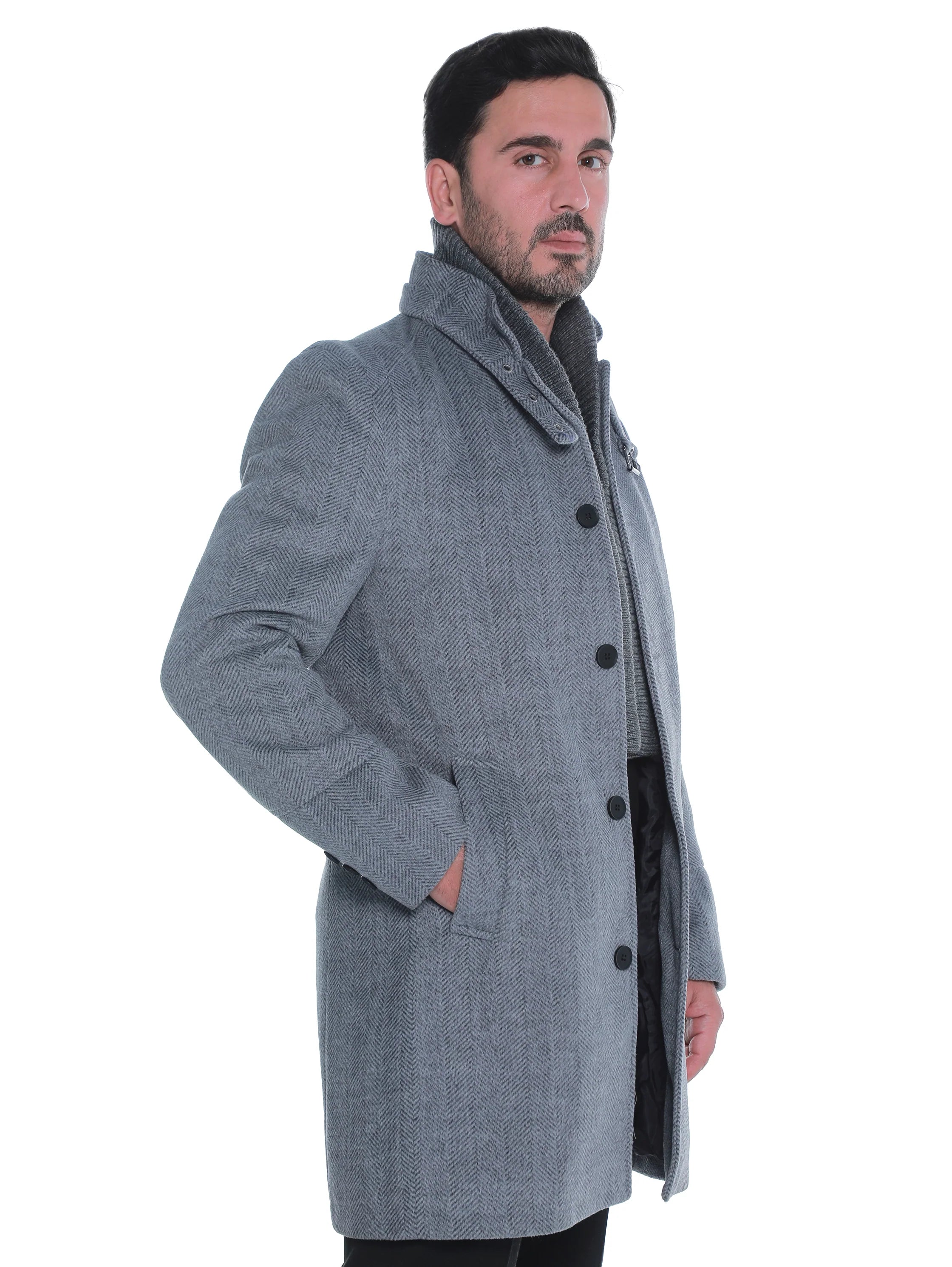 Grey Buttoned Coat With Side Slanted Pockets