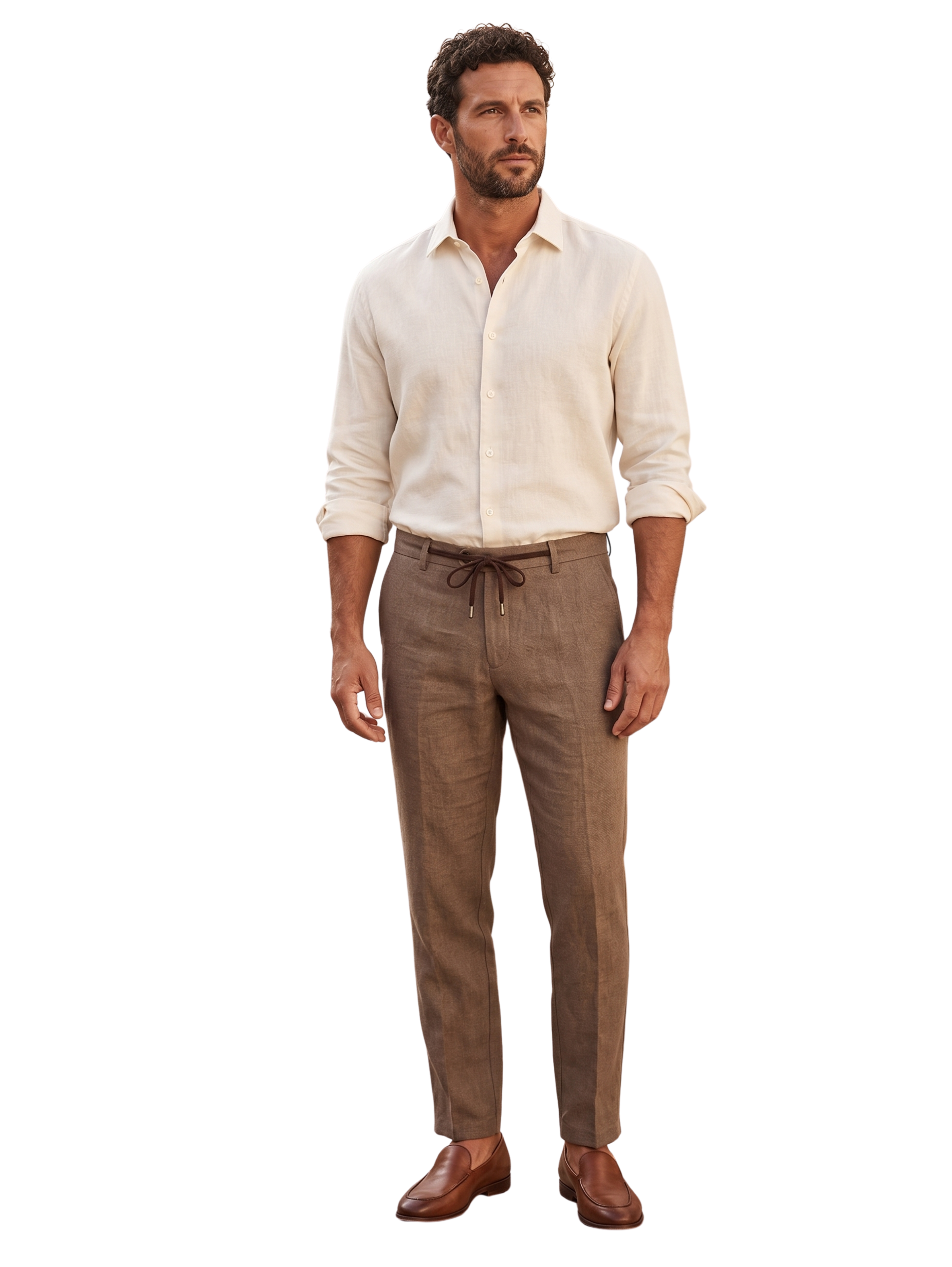 Brown Tailored Linen Drawstring Pants
