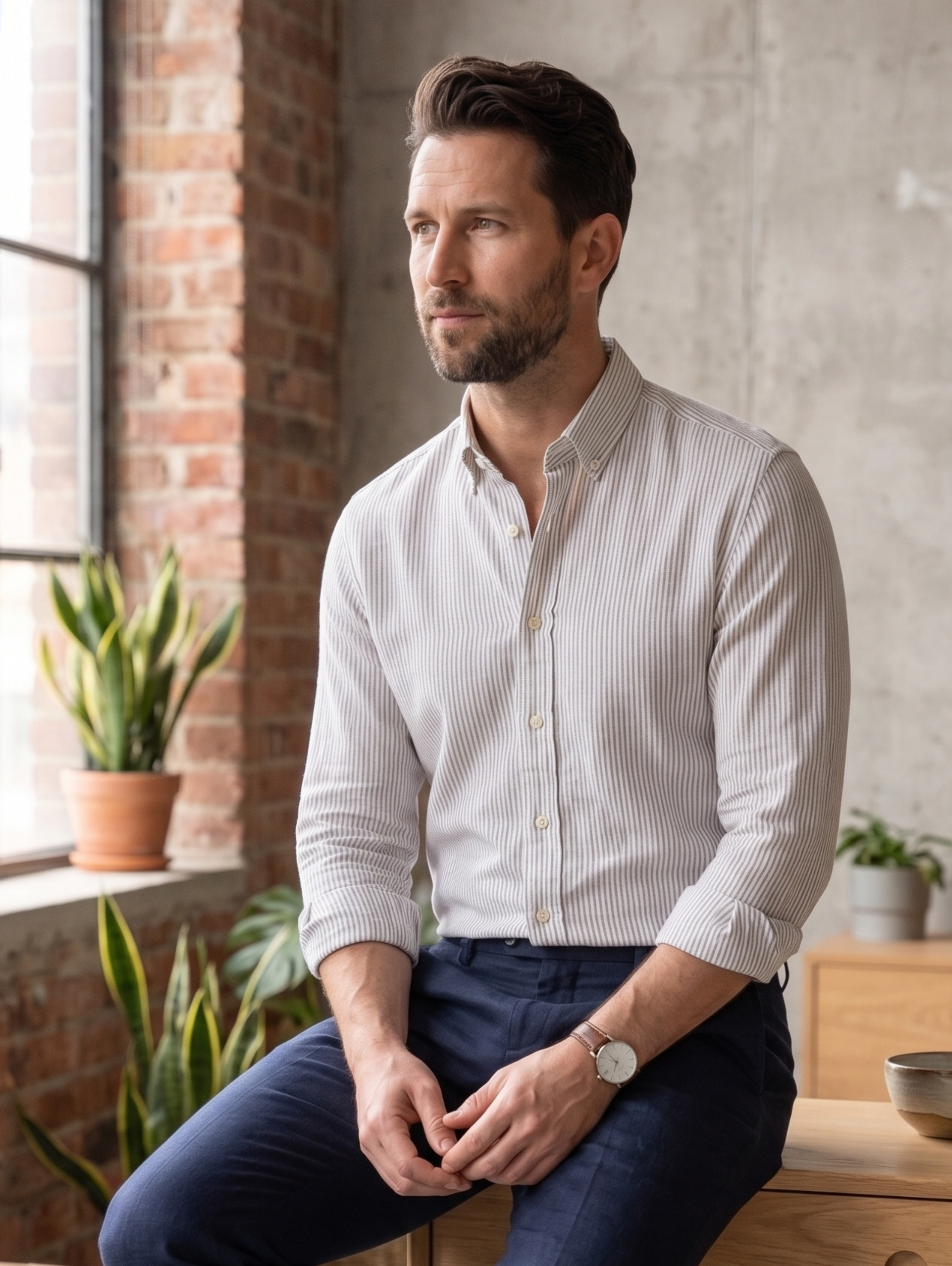 White Slim Fit Striped Black linen Shirt