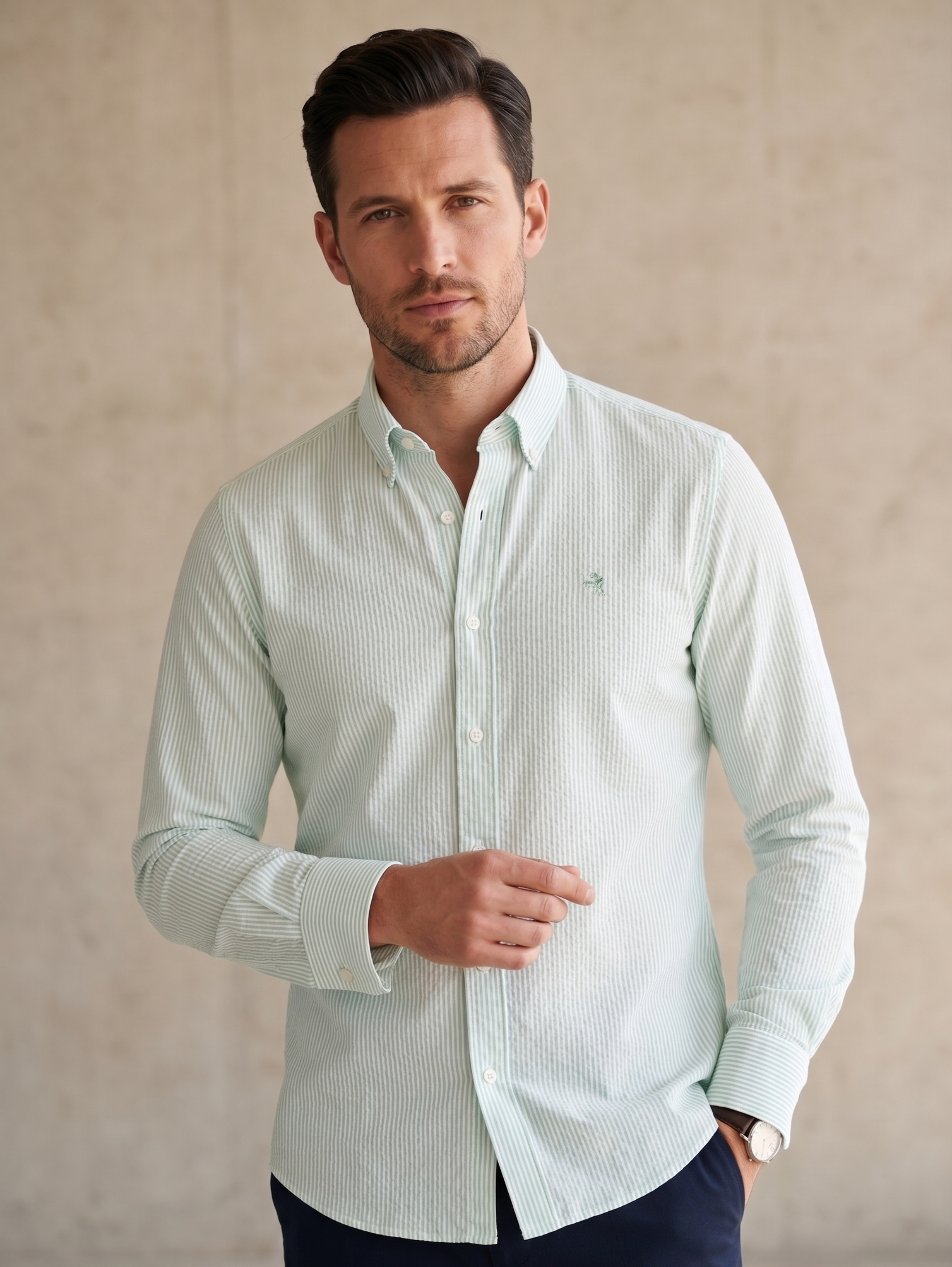 Light Green Long Sleeved Oxford Striped Shirt