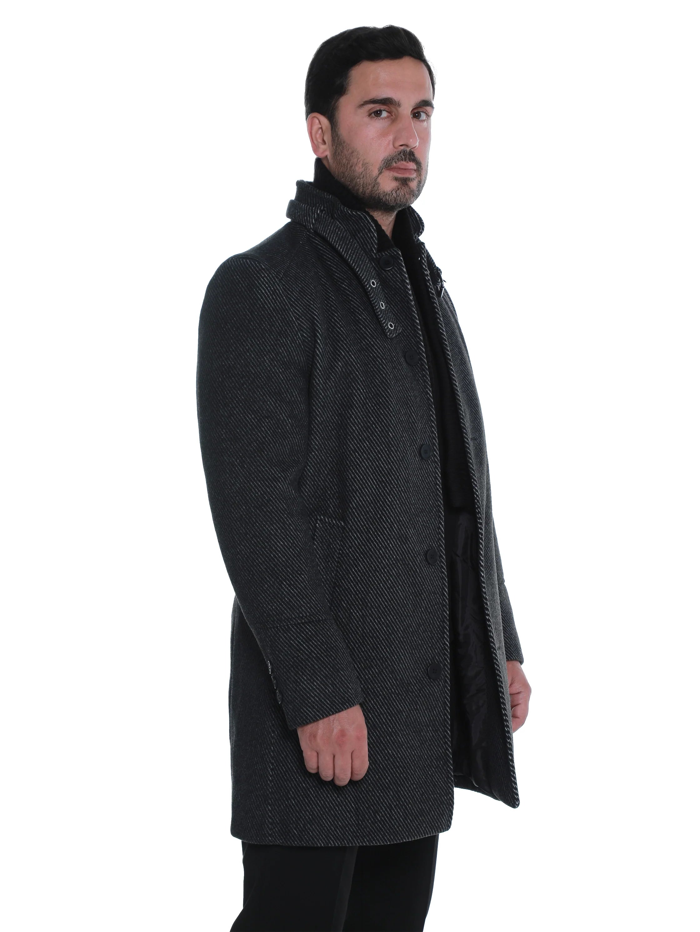 Black Buttoned Coat With Side Slanted Pockets