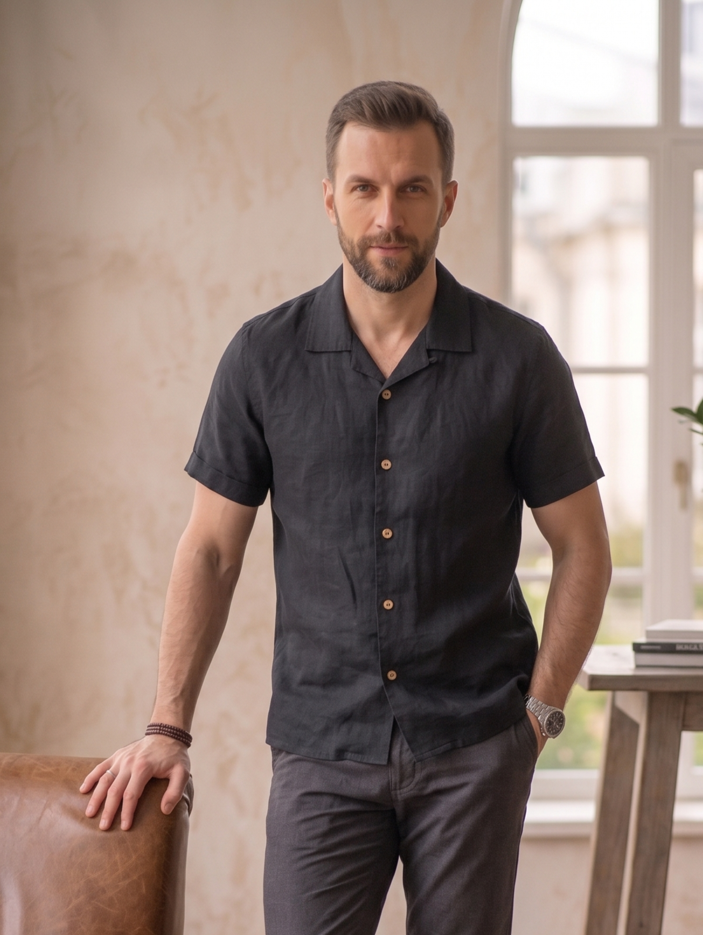 Black Short Sleeved Linen Shirt