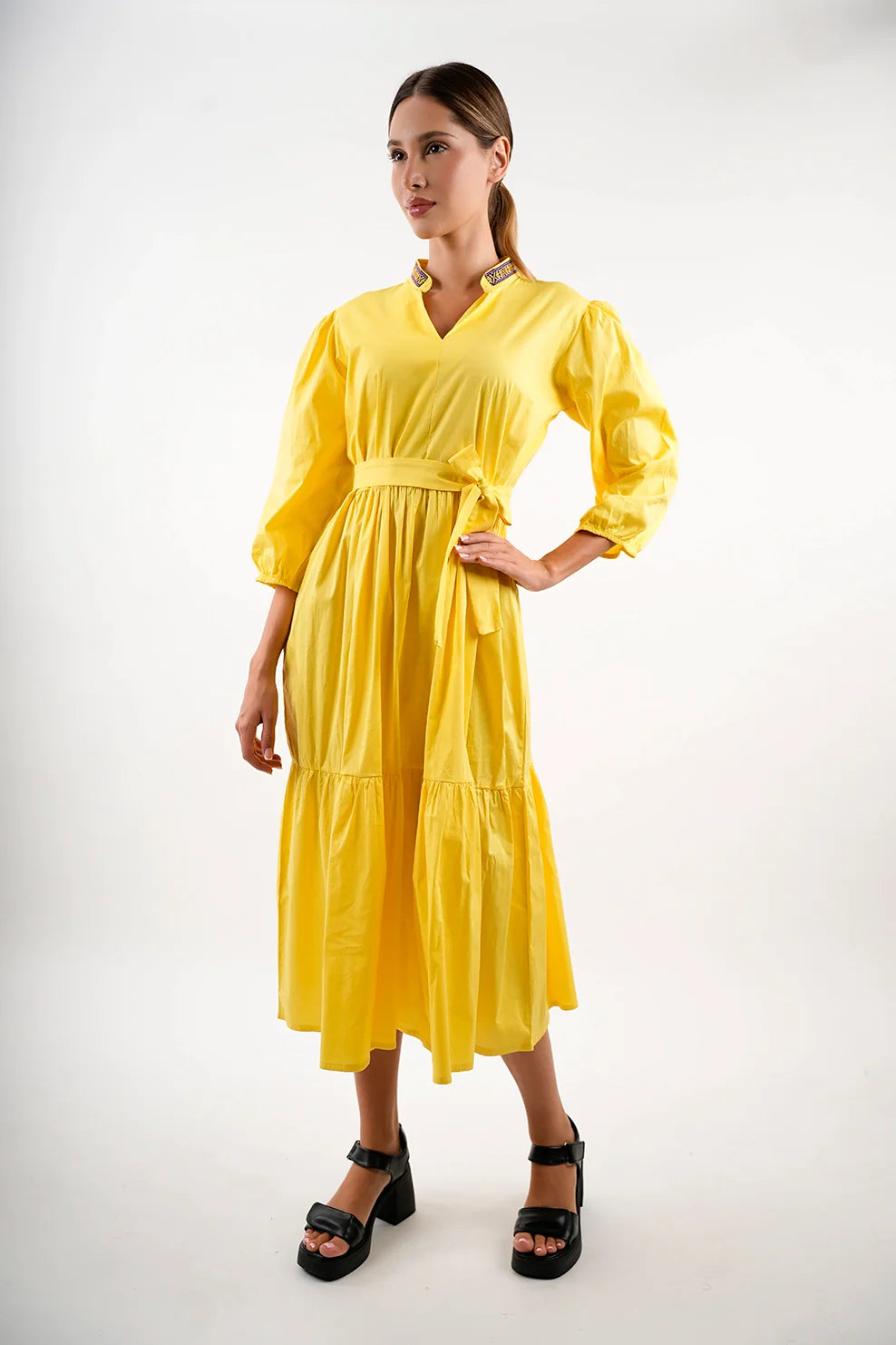 Long Sleeved Yellow Dress With Wing Collar