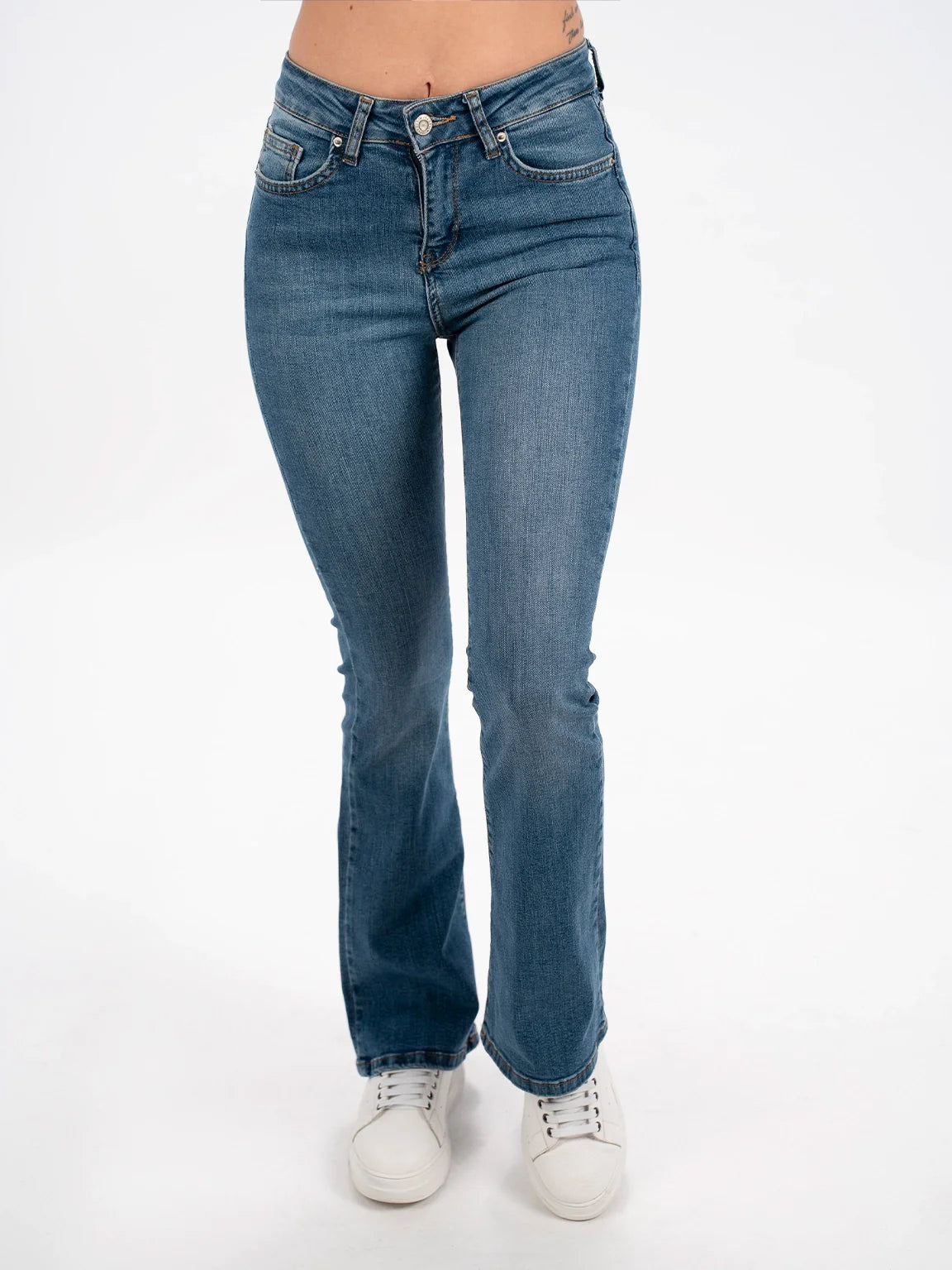 Blue Flare Jeans With Zipper & Button To Close