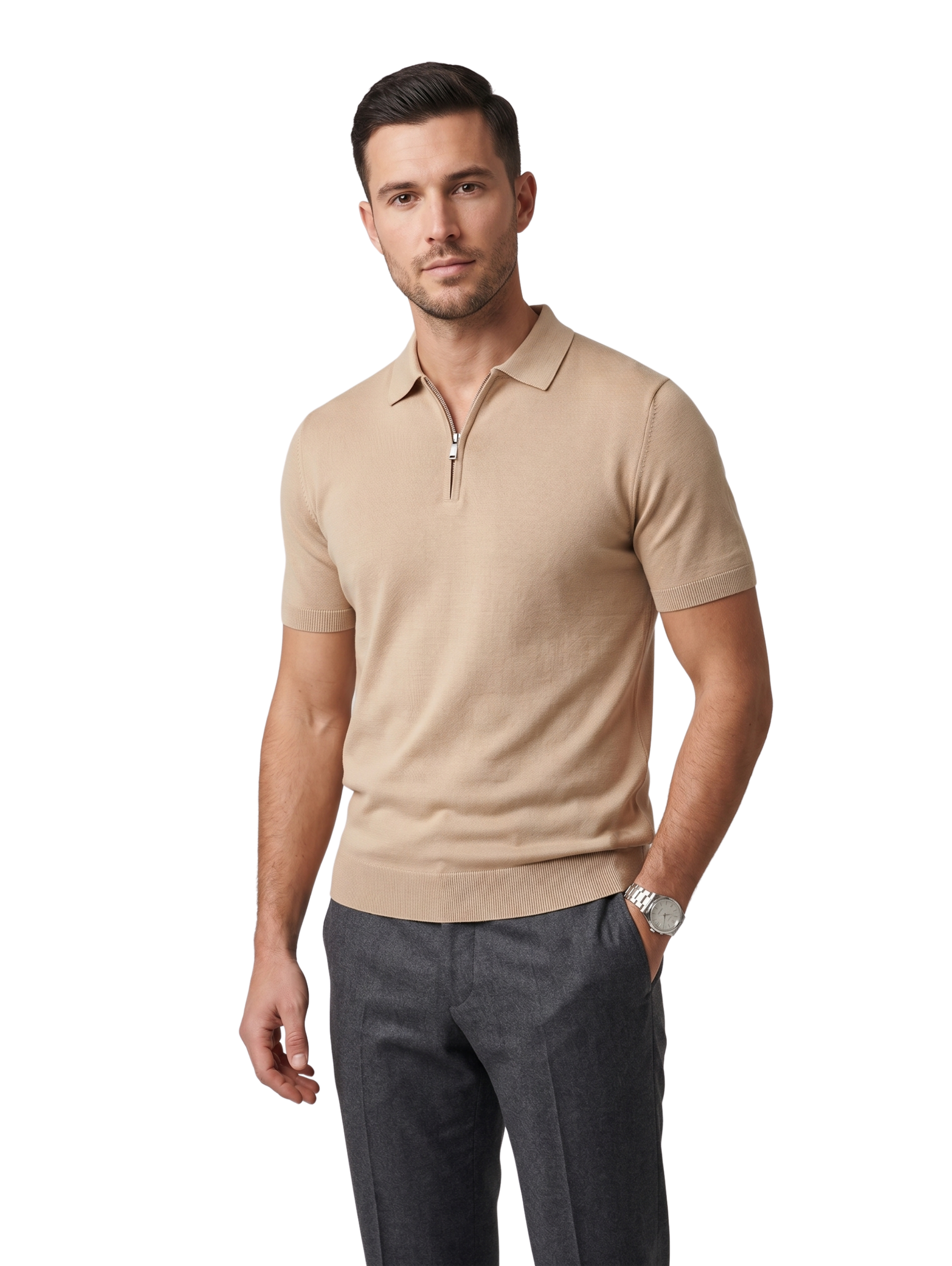 Beige Short Sleeved Polo With Neckline Zipper