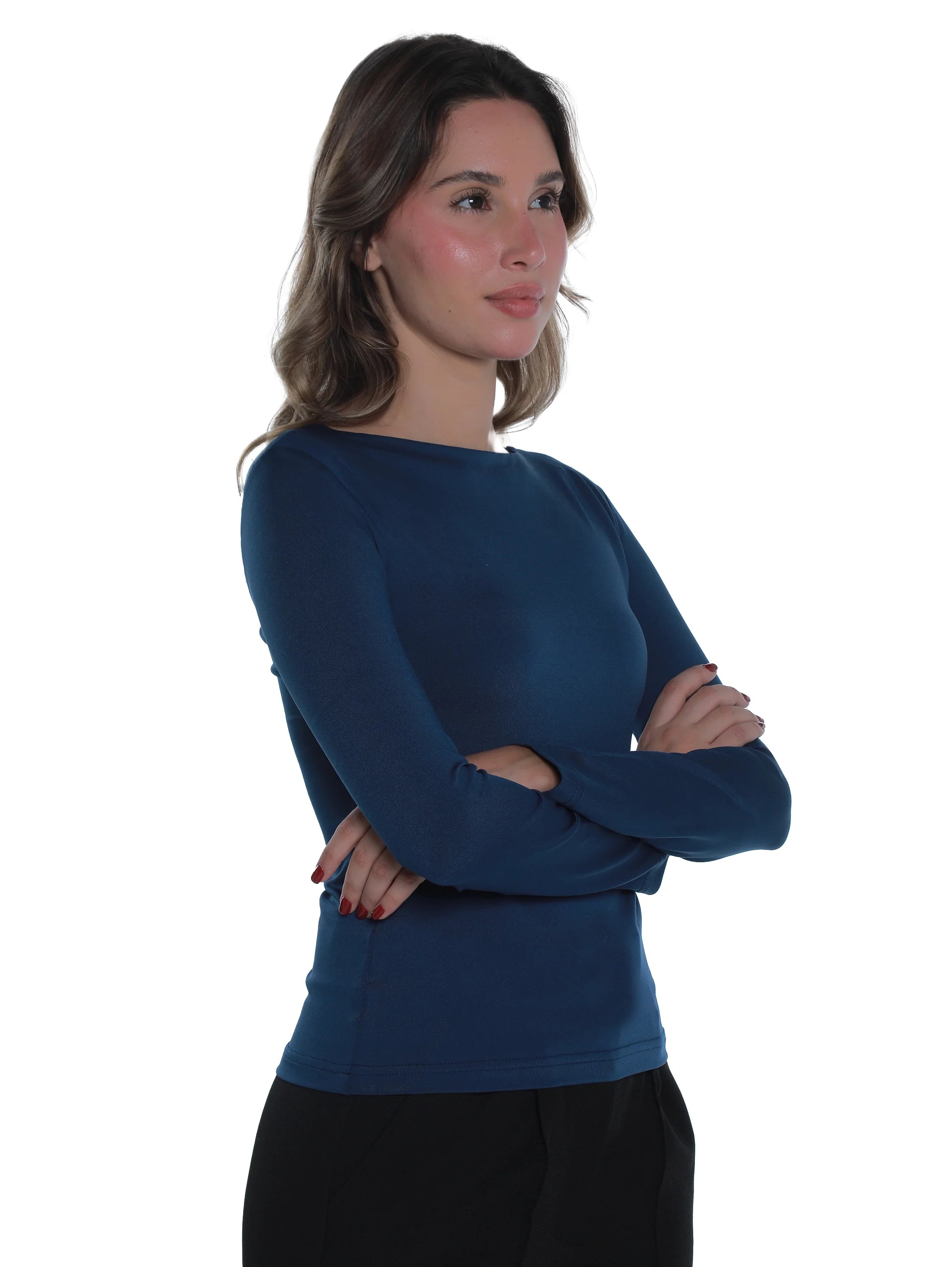 Long Sleeved Indigo Basic Top Round Neck