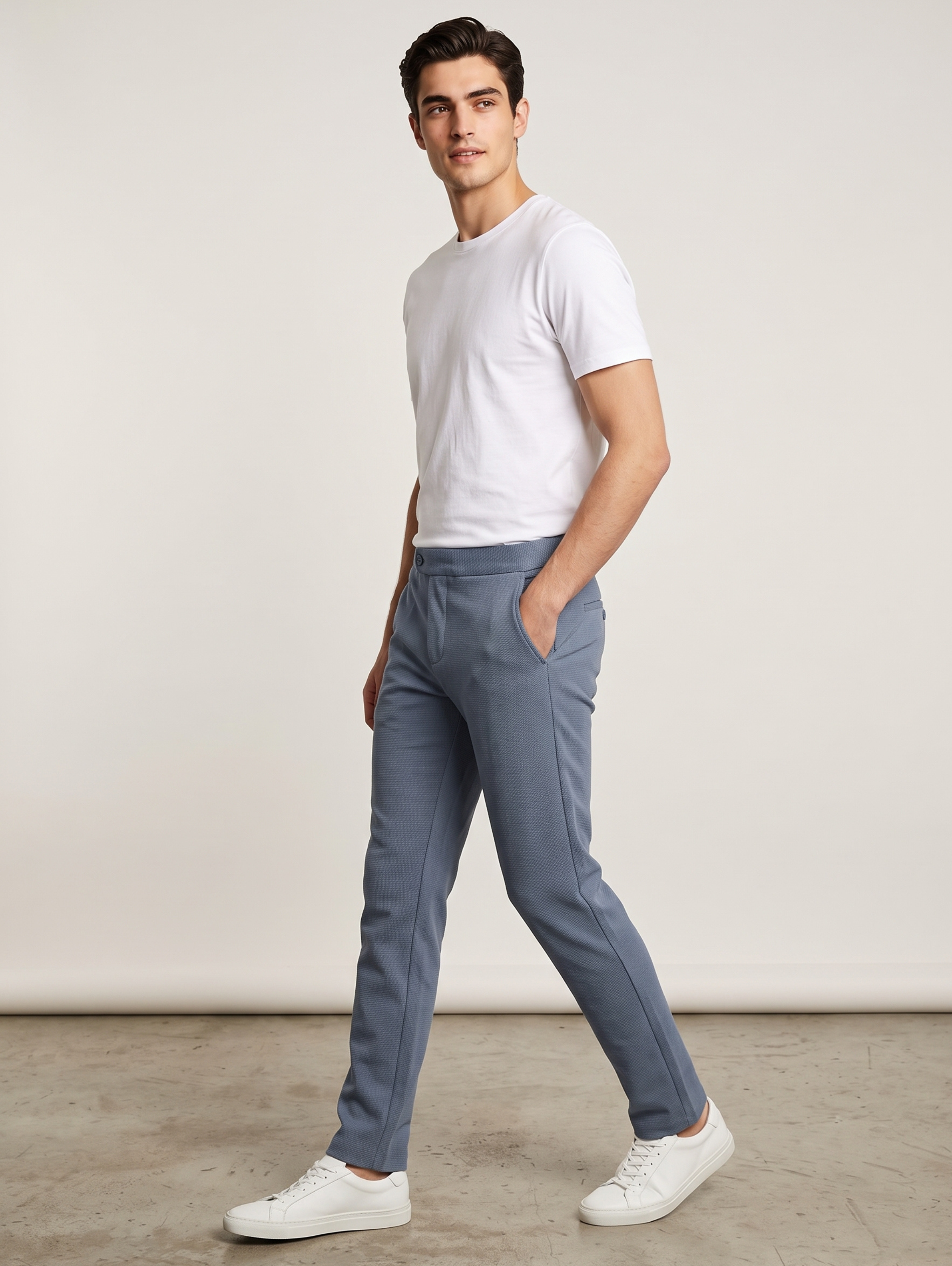Blue Slim Straight Single Button Closure Pant With Back Elastic Waistband