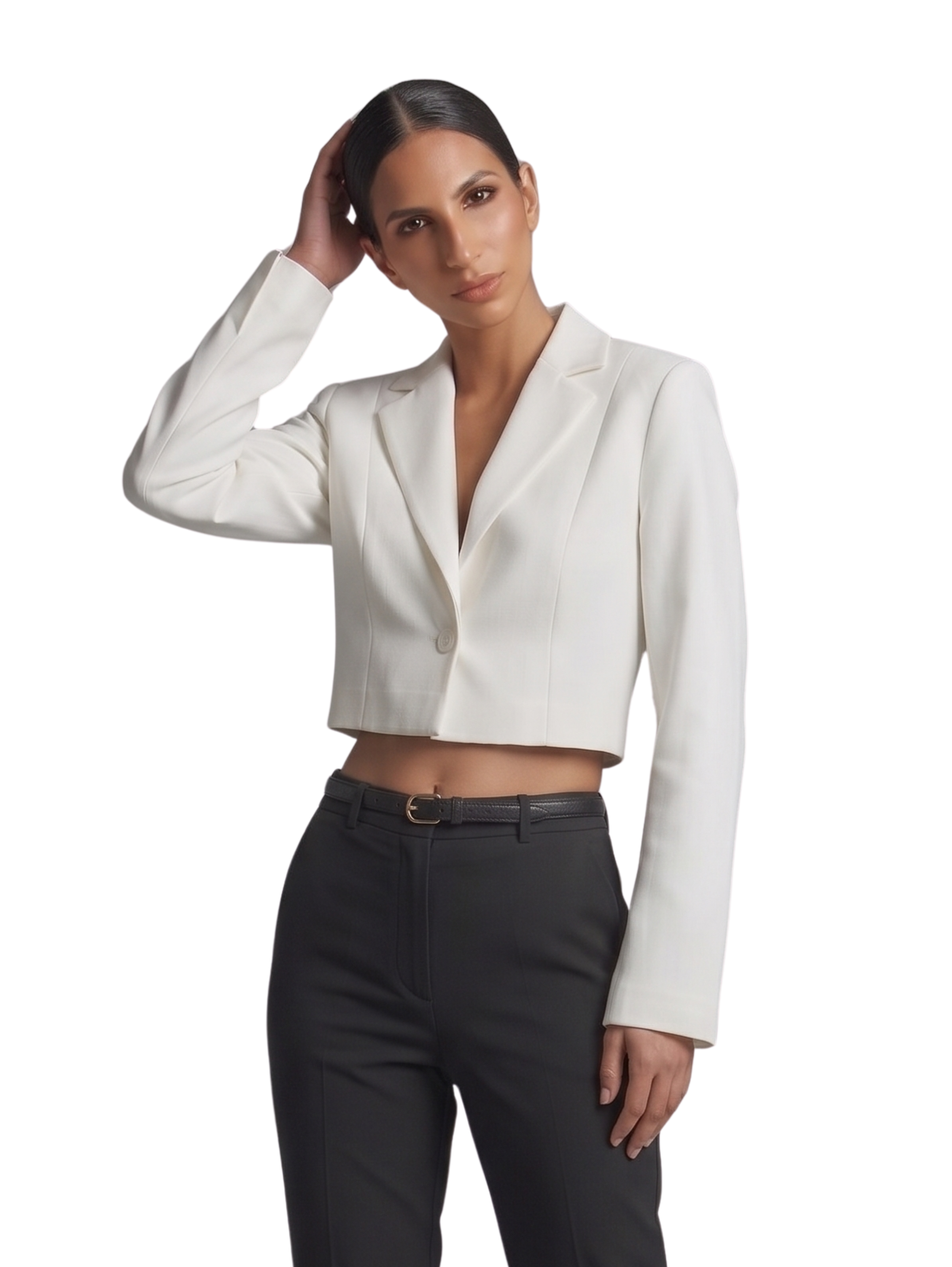 Off White Cropped Blazer With Singel Button Closure & Notched Lapel Collar