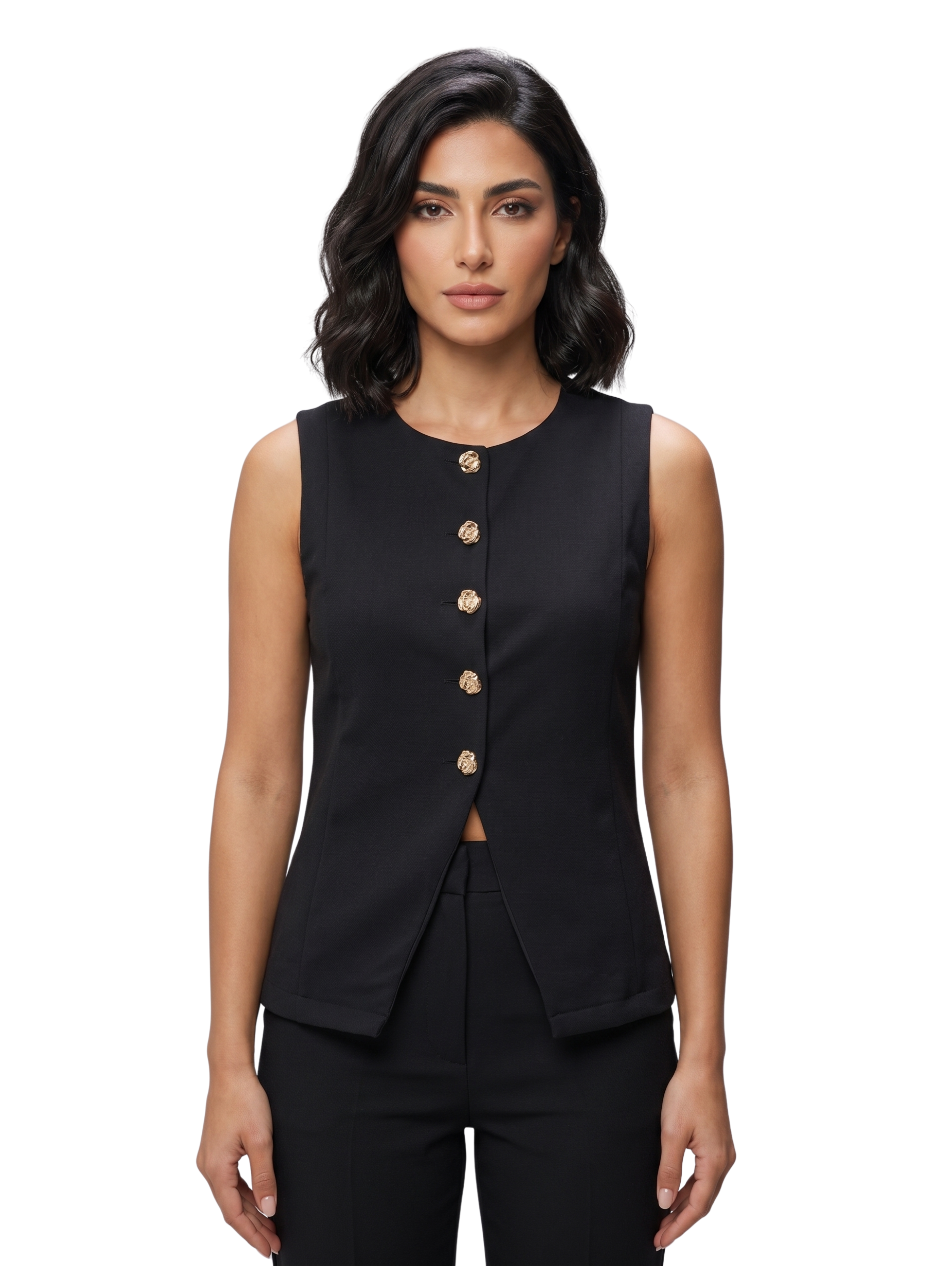 Black Sleeveless Round Crew Neck With Five Decorative Buttons