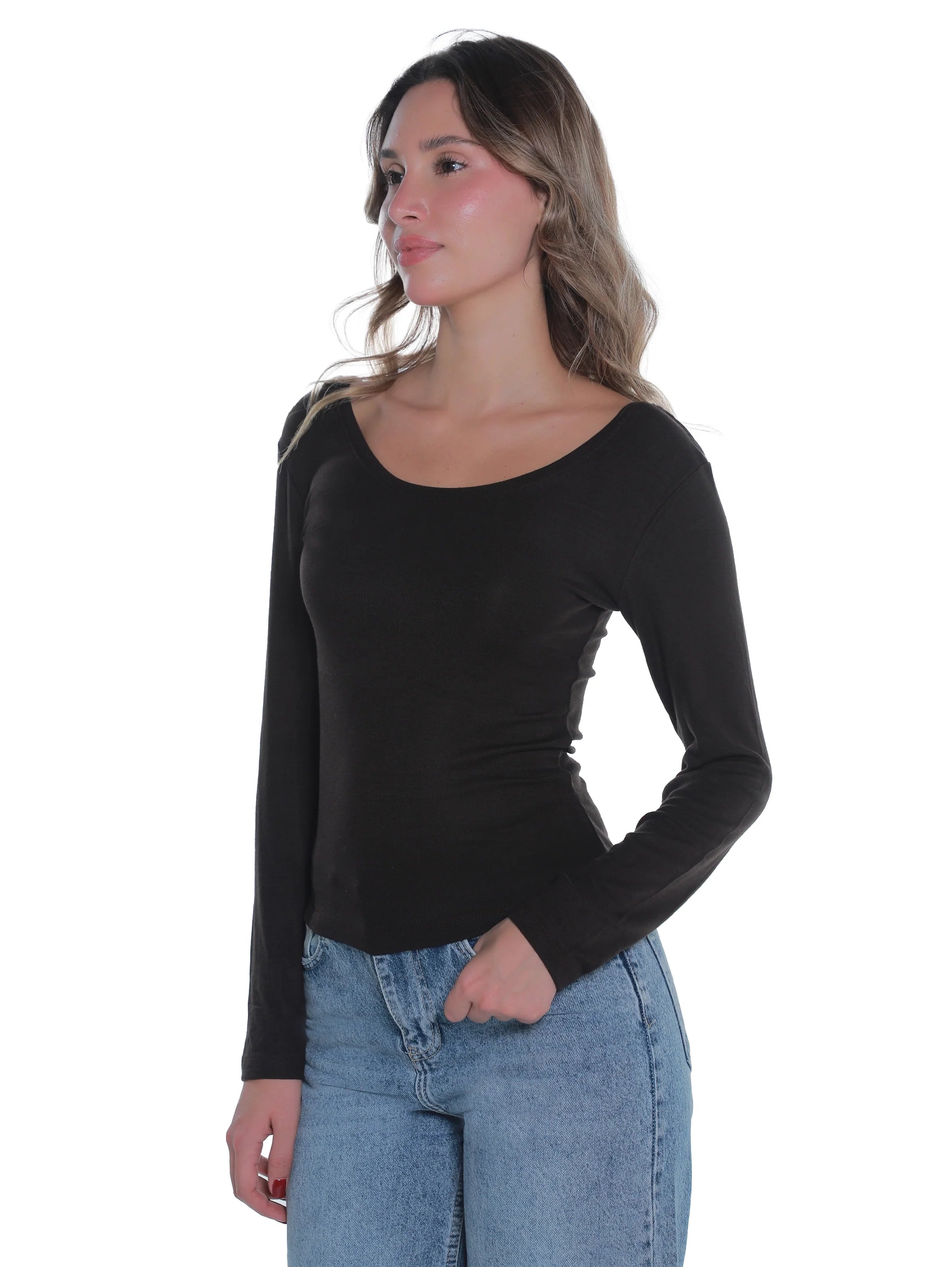 Brown Top With Open Boat Neck