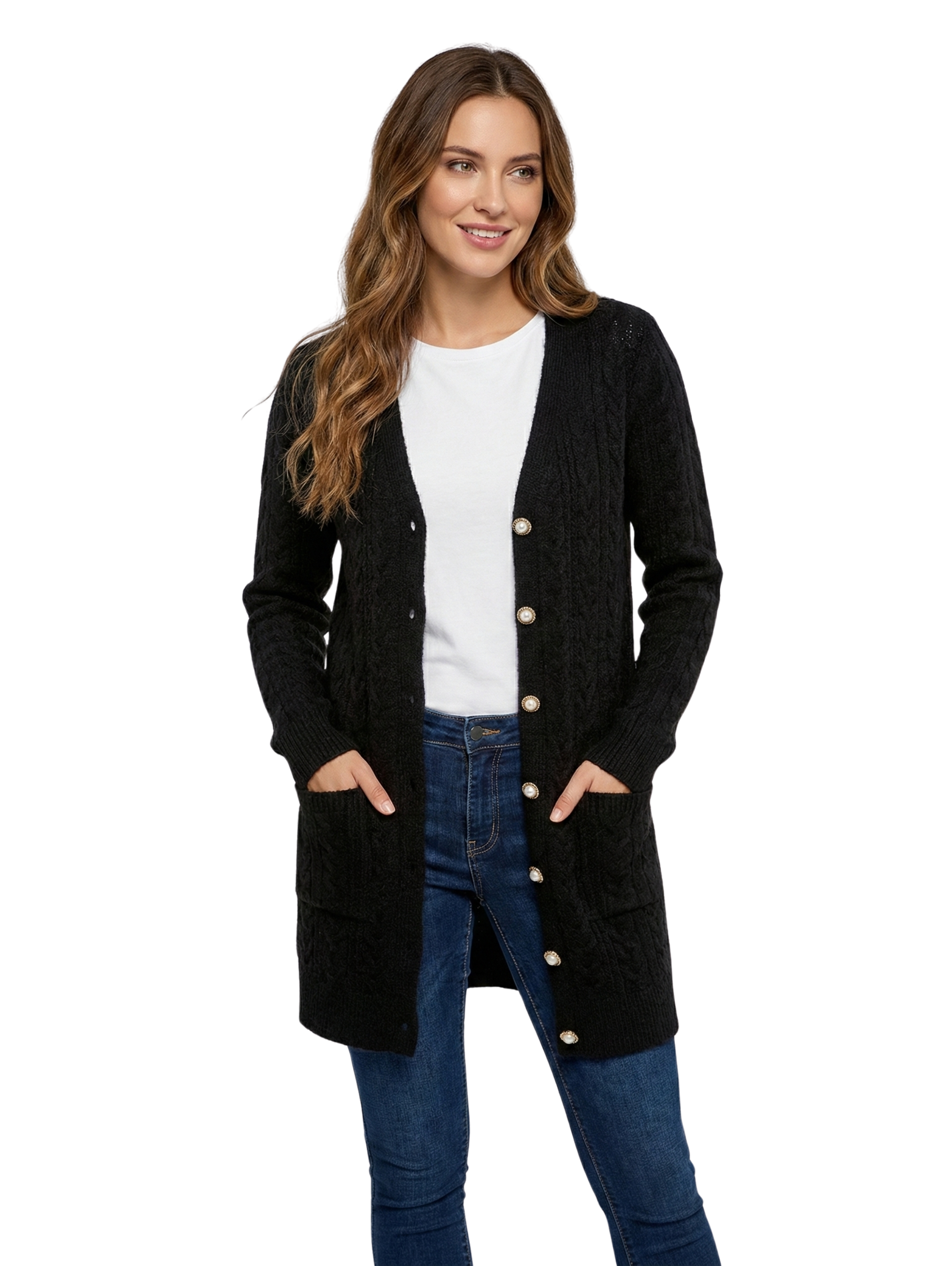 Black Long Sleeve Buttoned Cardigan With Attached Pockets